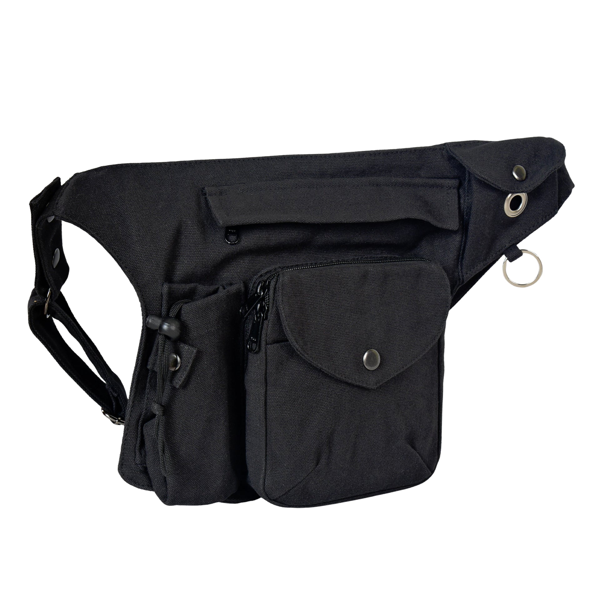 Canvas Gassi-Tasche in Schwarz von Nijens mit Flaschenhalter, Leckerlifach und Platz für Handy & Kotbeutel. Seitenansicht.