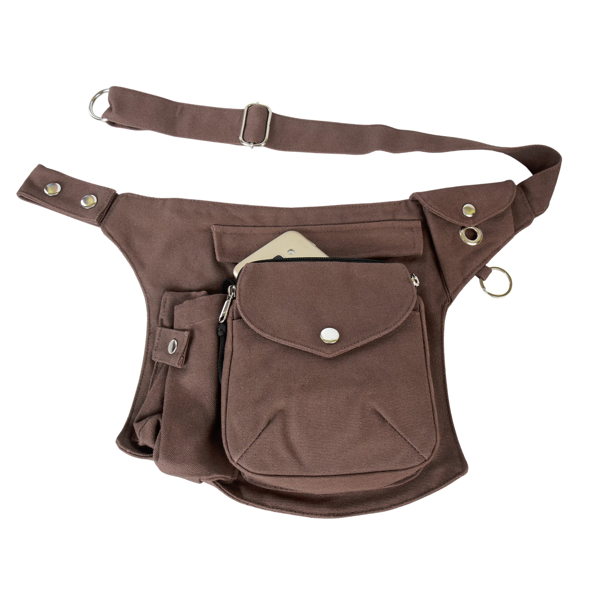 Canvas Gassi-Tasche in Braun von Nijens mit Flaschenhalter, Leckerlifach und Platz für Handy & Kotbeutel. Frontalansicht.
