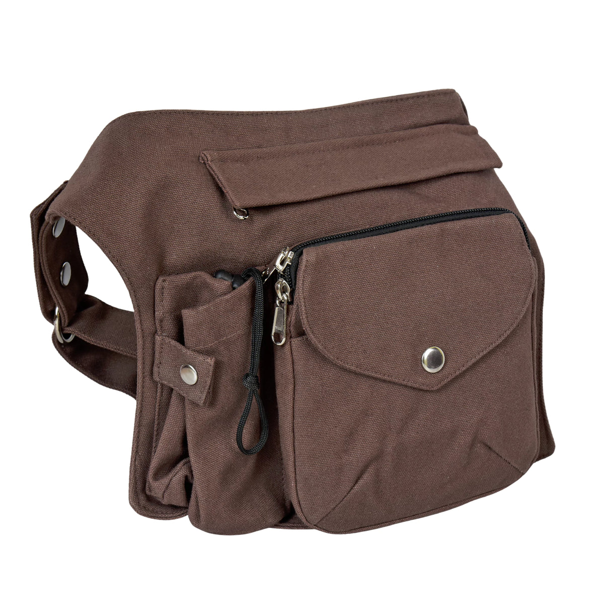Canvas Gassi-Tasche in Braun von Nijens mit Flaschenhalter, Leckerlifach und Platz für Handy & Kotbeutel. Seitenansicht.
