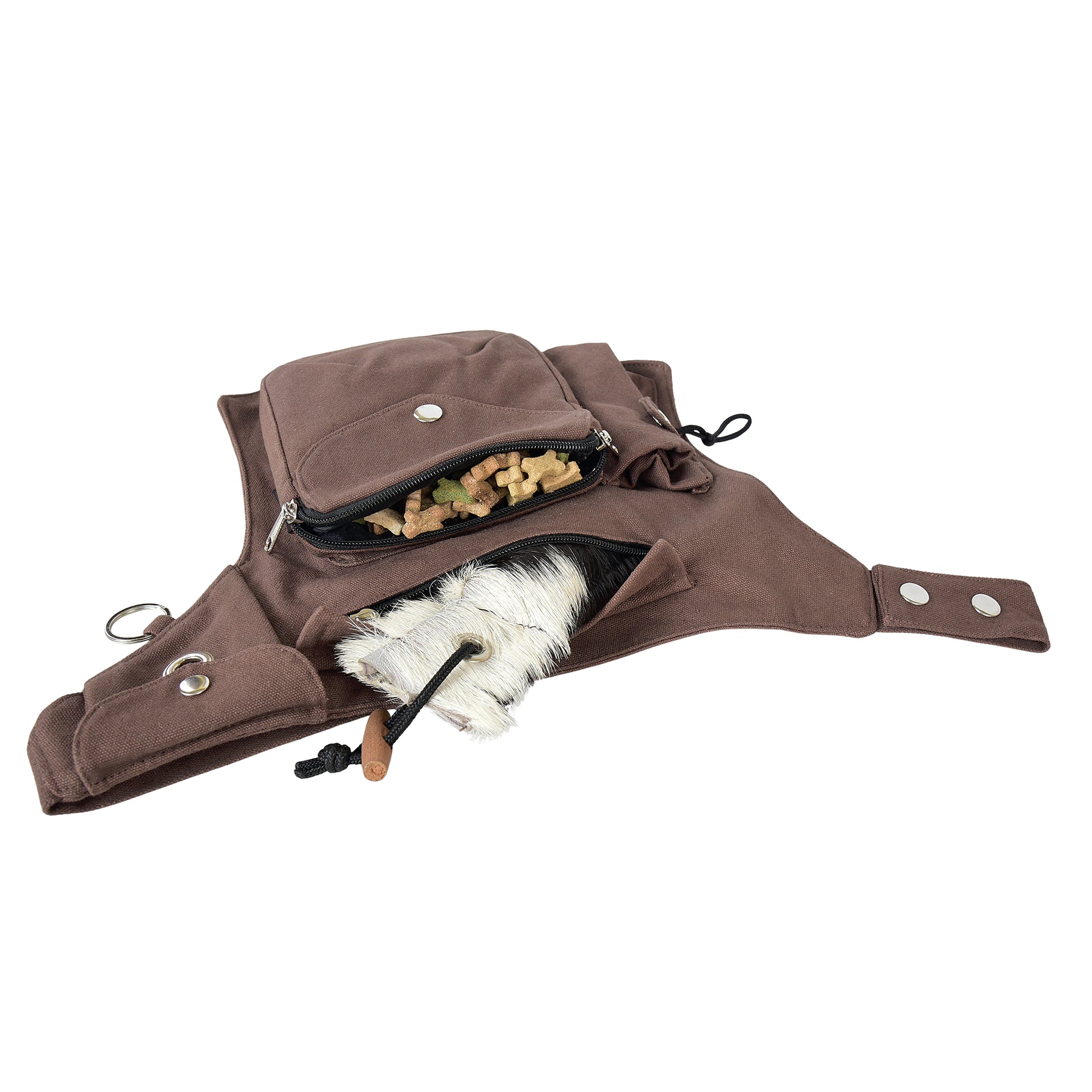 Canvas Gassi-Tasche in Braun von Nijens mit Flaschenhalter, Leckerlifach und Platz für Wurf-Dummy & Kotbeutel. Frontalansicht.