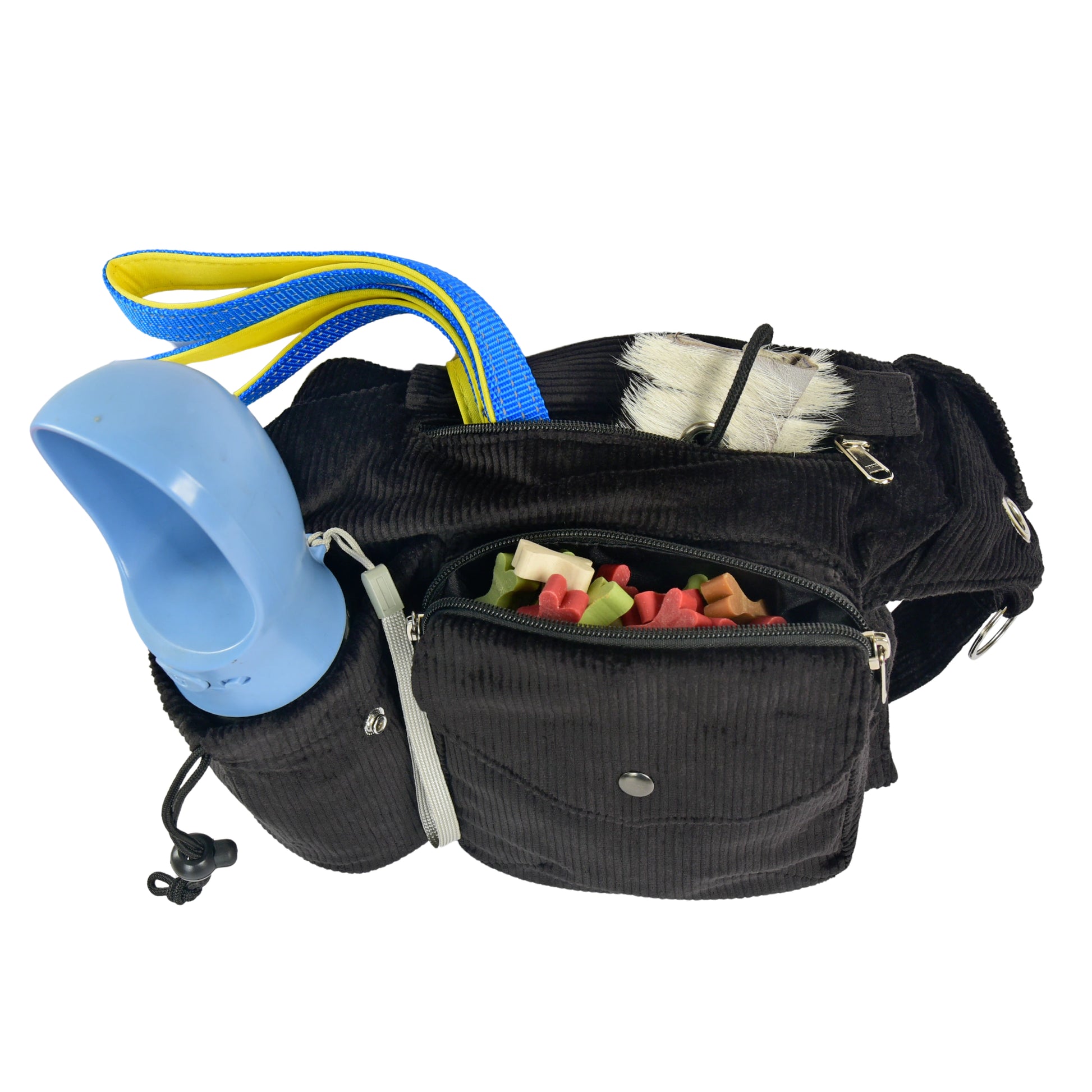 Cord Gassi-Tasche in Anthrazit von Nijens mit Flaschenhalter, Leckerlifach und Platz für Handy & Kotbeutel. Innenansicht.