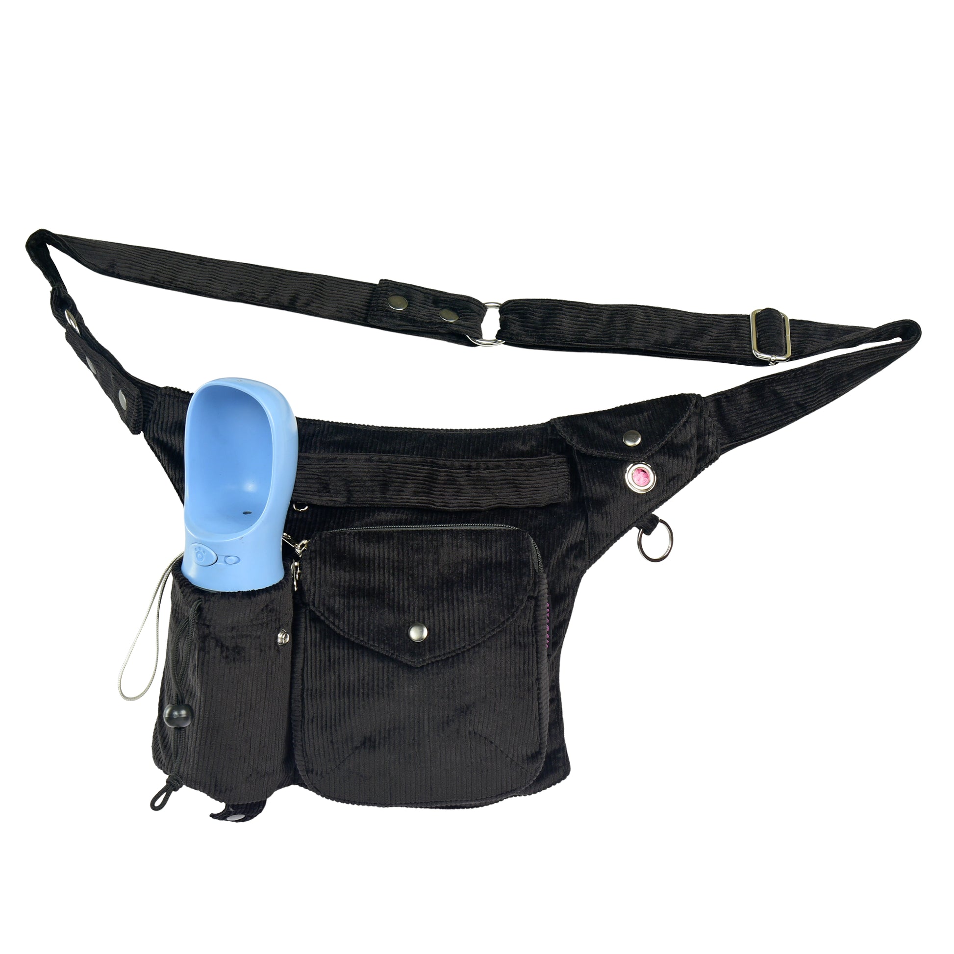 Cord Gassi-Tasche in Anthrazit von Nijens mit Flaschenhalter, Leckerlifach und Platz für Handy & Kotbeutel. Frontalansicht.