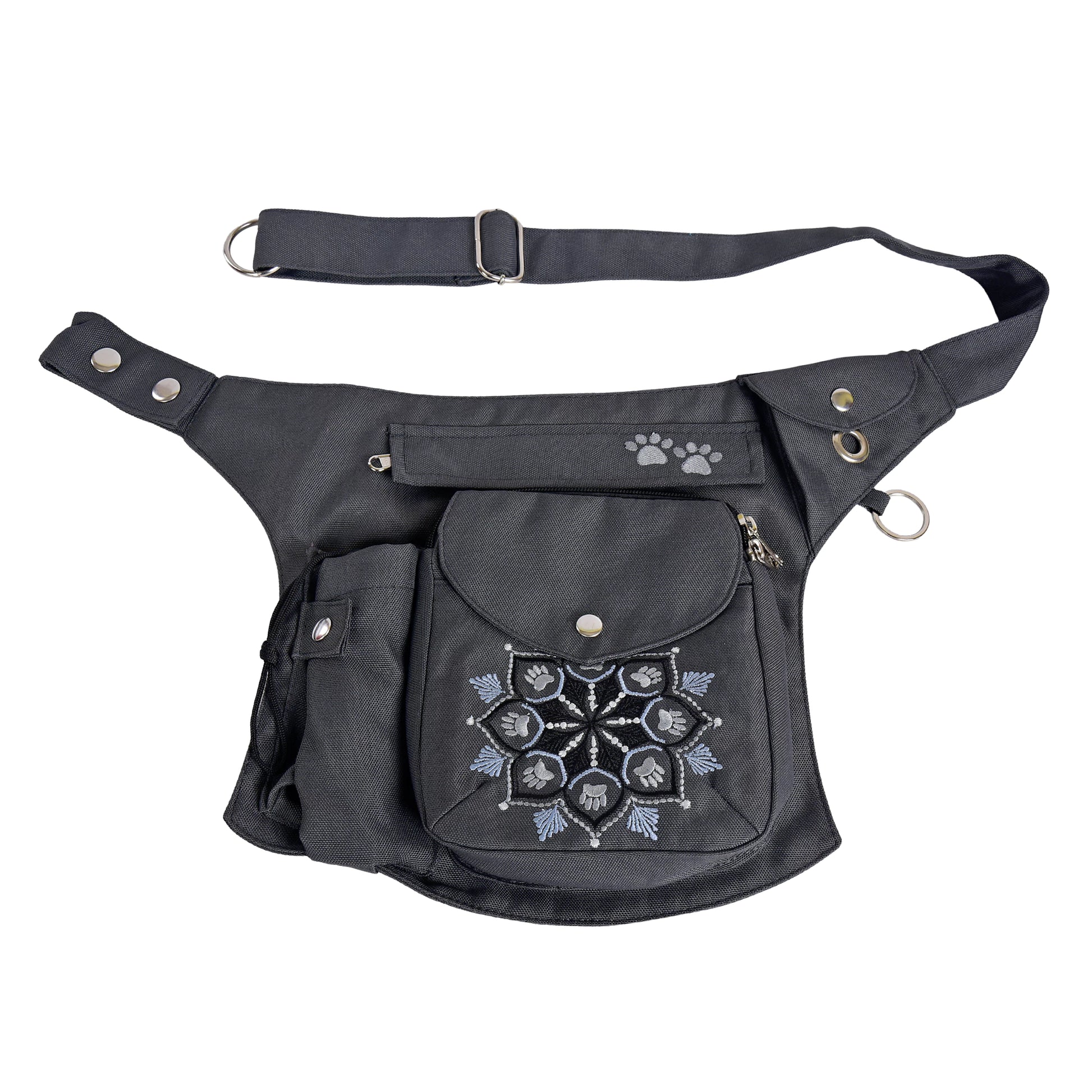 Wasserabweisende Gassi-Tasche „Brandenburg“ in Anthrazit mit silber-grauer Mandala-Stickerei, mehreren Reißverschlussfächern und verstellbarem Schultergurt – Vorderansicht