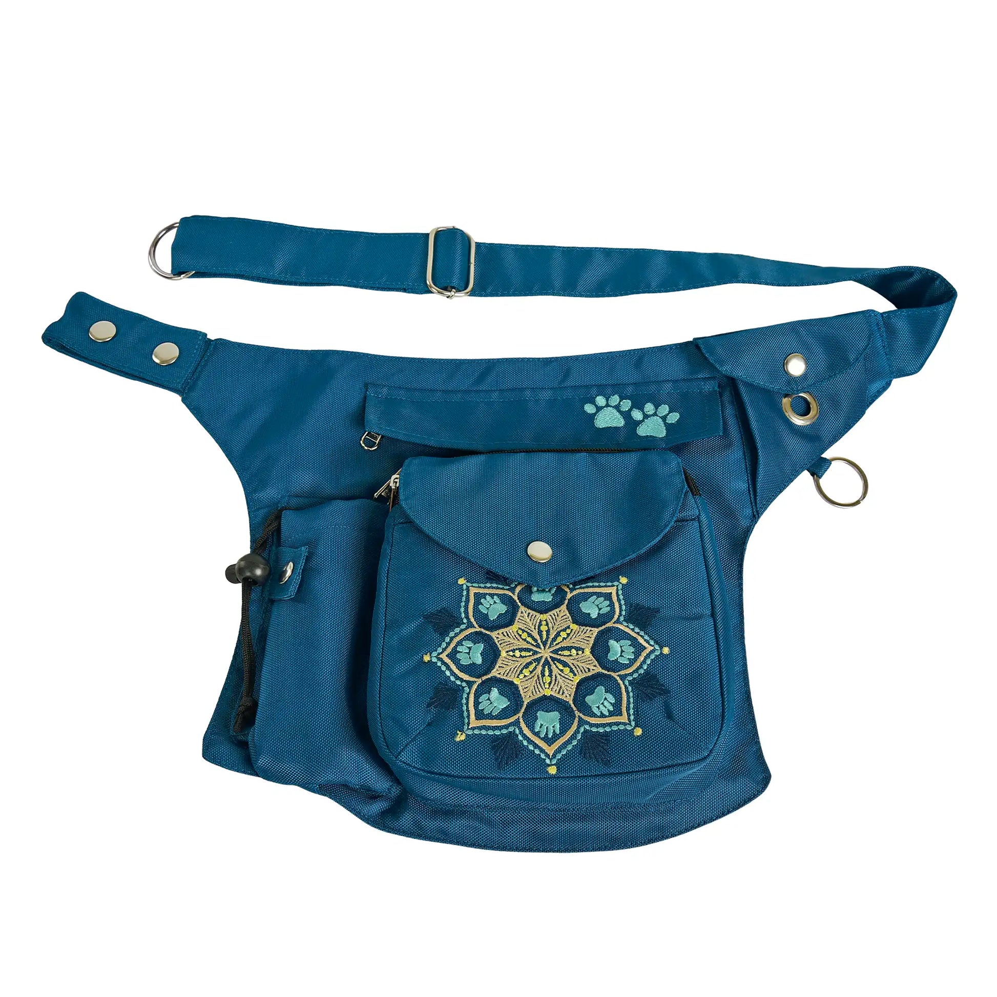 Wasserabweisende Gassi-Tasche „Brandenburg“ in Petrol mit detailreicher Mandala-Stickerei, mehreren Fächern und verstellbarem Schultergurt – Vorderansicht