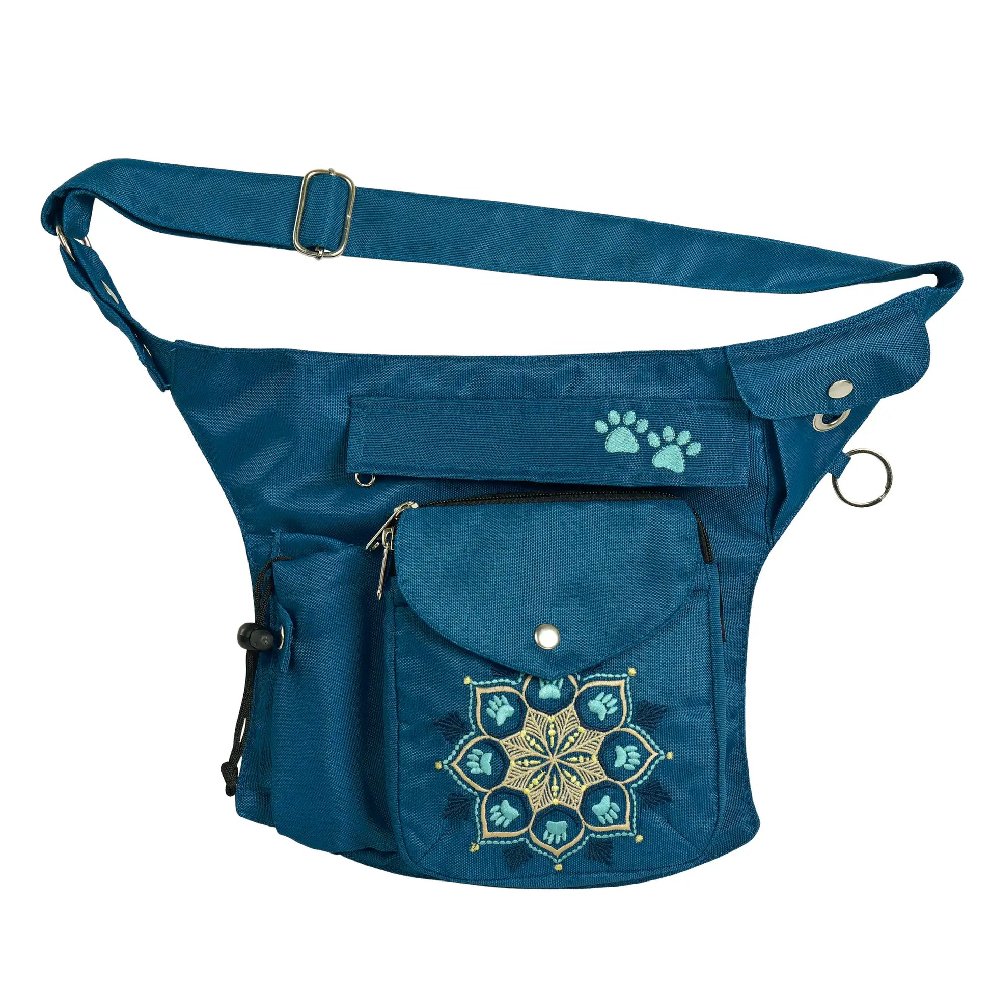 Petrolfarbene, wasserabweisende Gassi-Tasche „Brandenburg“ mit Mandala-Stickerei, mehreren Aufbewahrungsfächern und verstellbarem Schultergurt – Vorderansicht