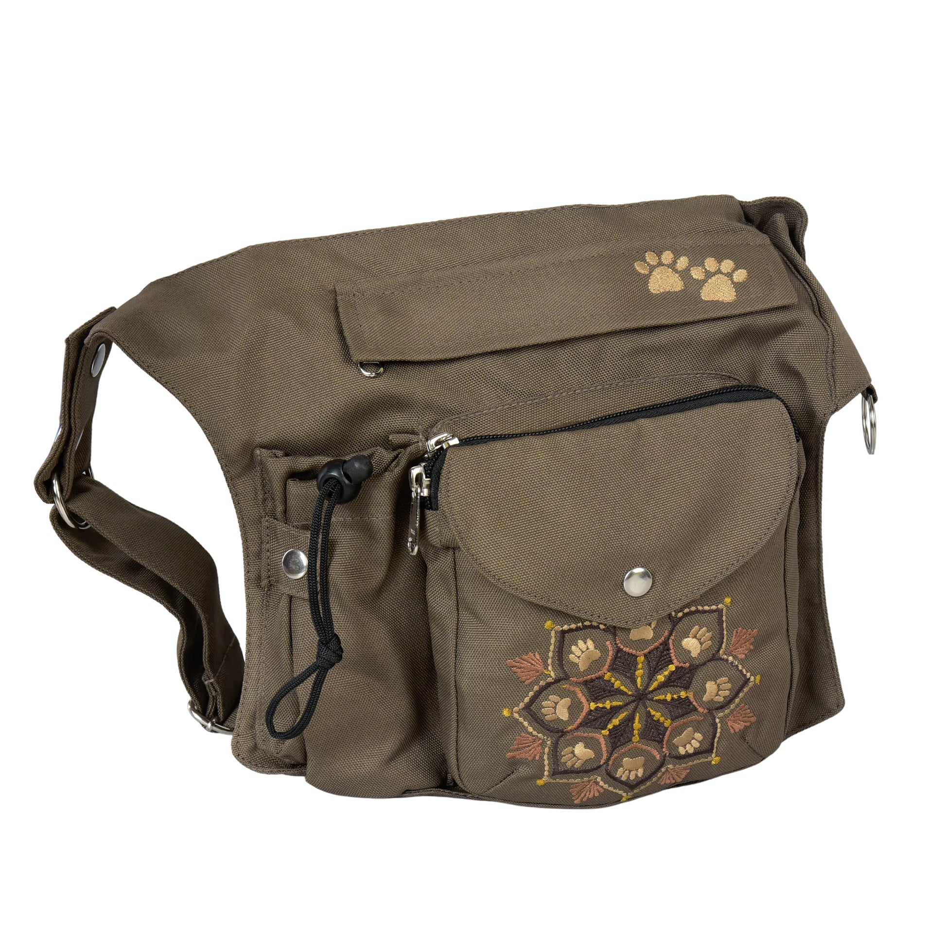 Braune wasserabweisende Gassi-Tasche „Brandenburg“ mit Mandala-Stickerei, Frontfach und seitlichem Getränkehalter 