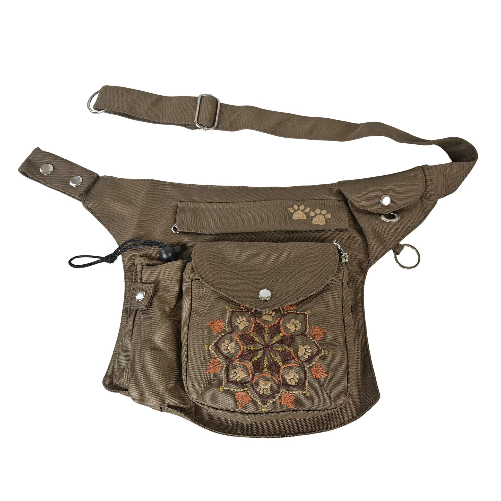 Wasserabweisende Gassi-Tasche „Brandenburg“ in Braun mit Mandala-Stickerei, praktischem Frontfach und verstellbarem Schultergurt – Vorderansicht