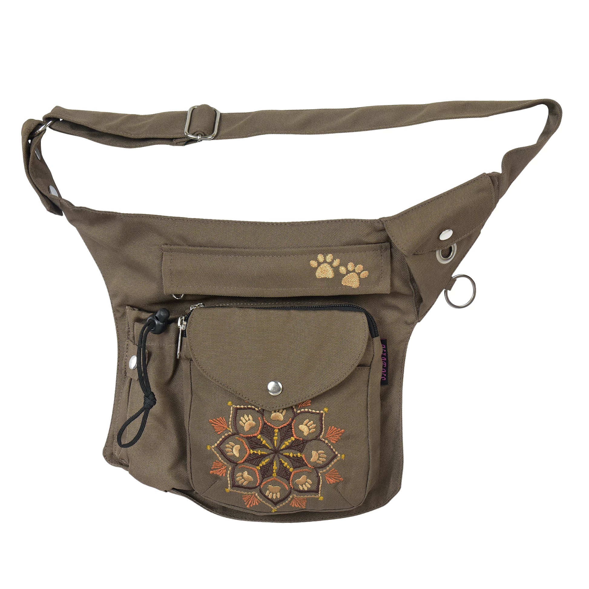 Braune wasserabweisende Gassi-Tasche „Brandenburg“ mit Mandala-Stickerei, Reißverschlussfächern und integriertem Kotbeutelspender – Vorderansicht