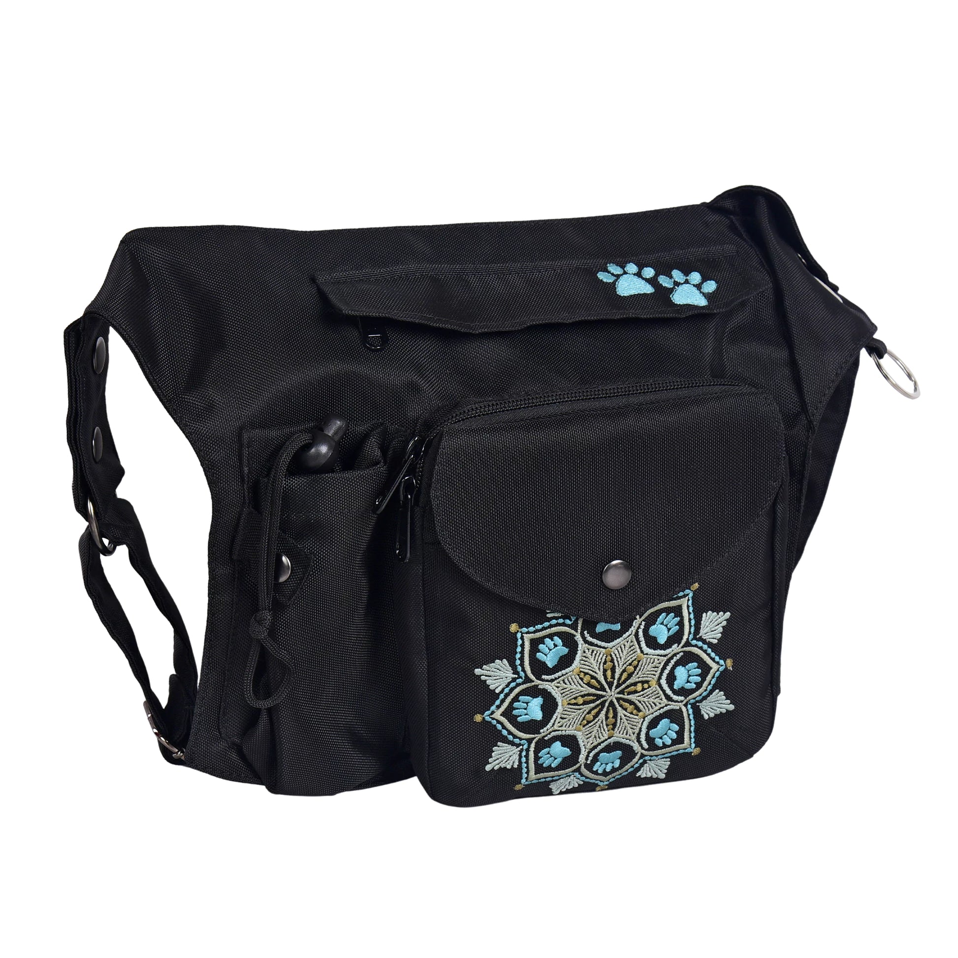 Gassi-Tasche Brandenburg in Schwarz mit Mandala-Stickerei, Frontansicht mit mehreren Reißverschlussfächern