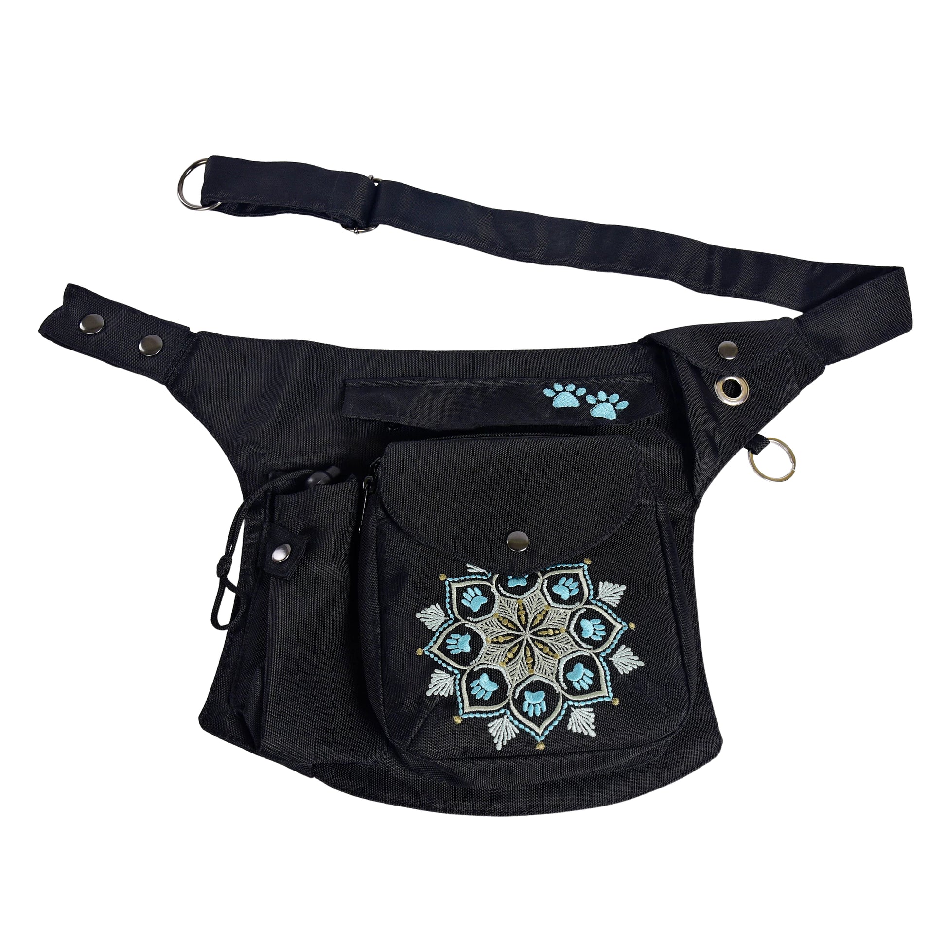 Schwarze Gassi-Tasche Brandenburg mit Mandala-Pfoten-Muster und verstellbarem Gurt, Detailansicht