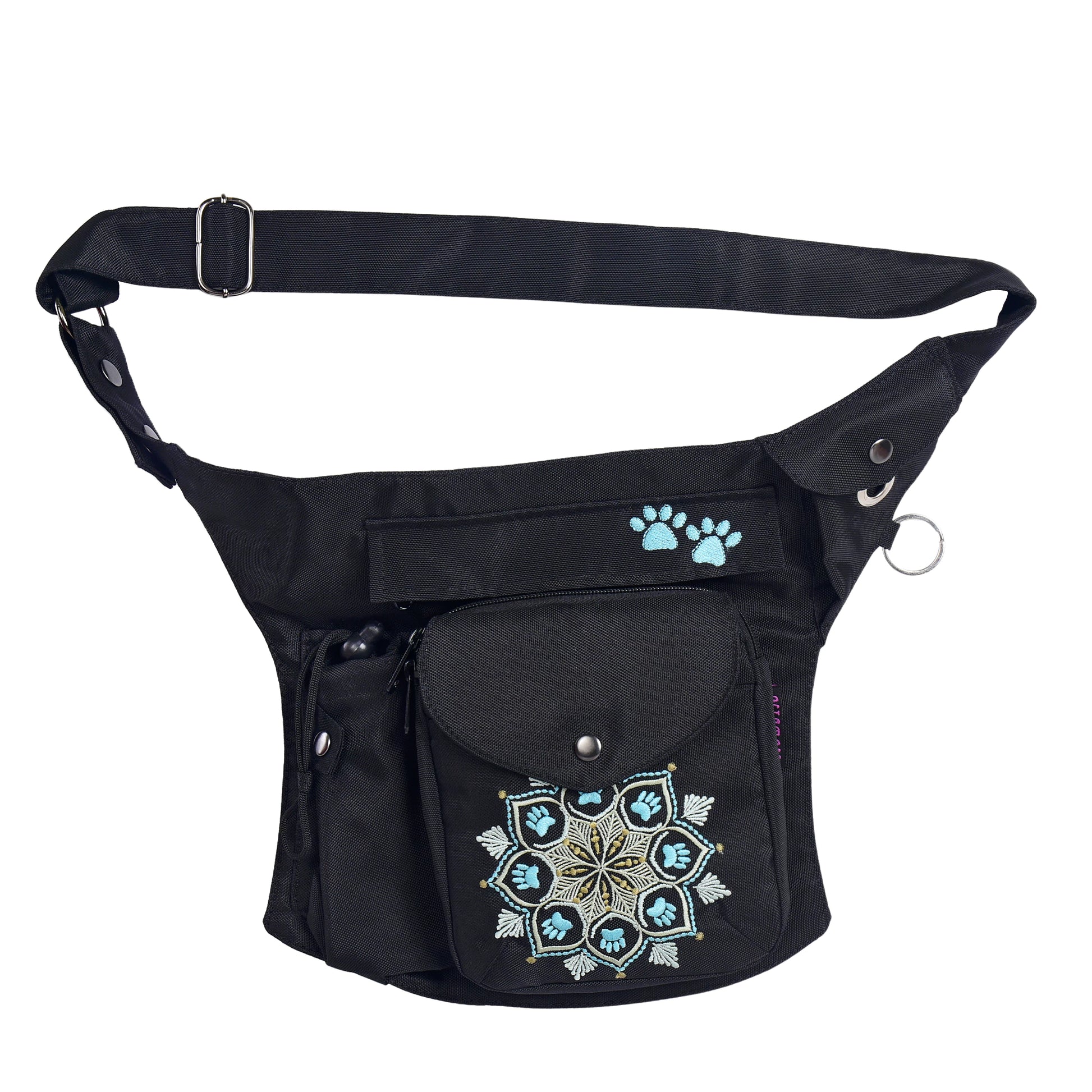 Schwarze Gassi-Tasche Brandenburg mit Mandala-Pfoten-Stickerei, mehreren Fächern und verstellbarem Gurt, Vorderansicht