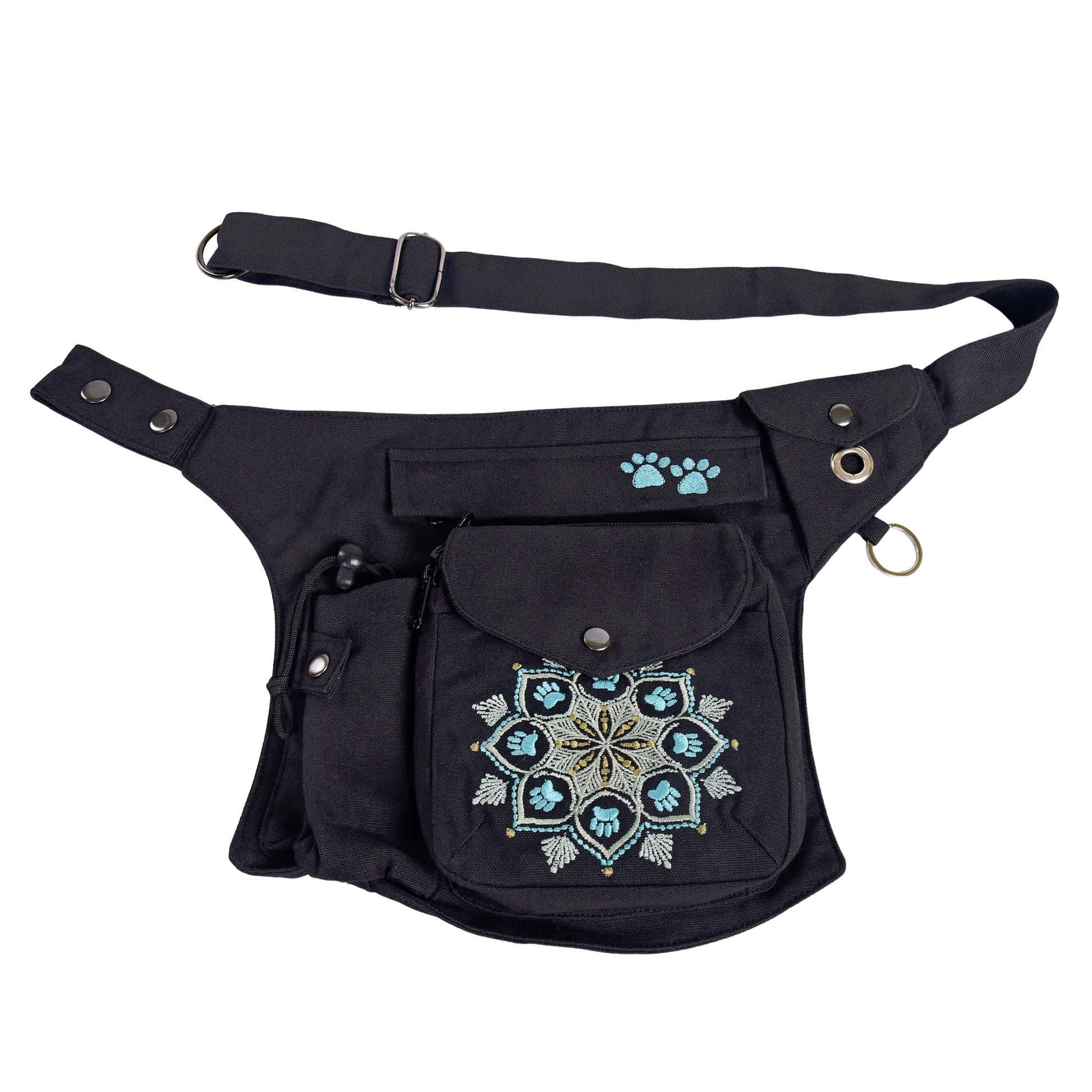 Vorderansicht der Gassi-Tasche Brandenburg aus schwarzem Canvas mit dekorativer Stickerei, verstellbarem Schultergurt und integriertem Kotbeutelspender