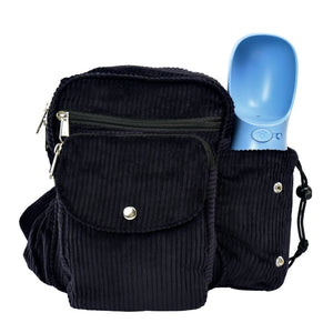Dunkelblaue Gassitasche aus Cord mit Flaschenhalter, Kotbeutelspender, Handyfach und mehreren Reißverschlussfächern