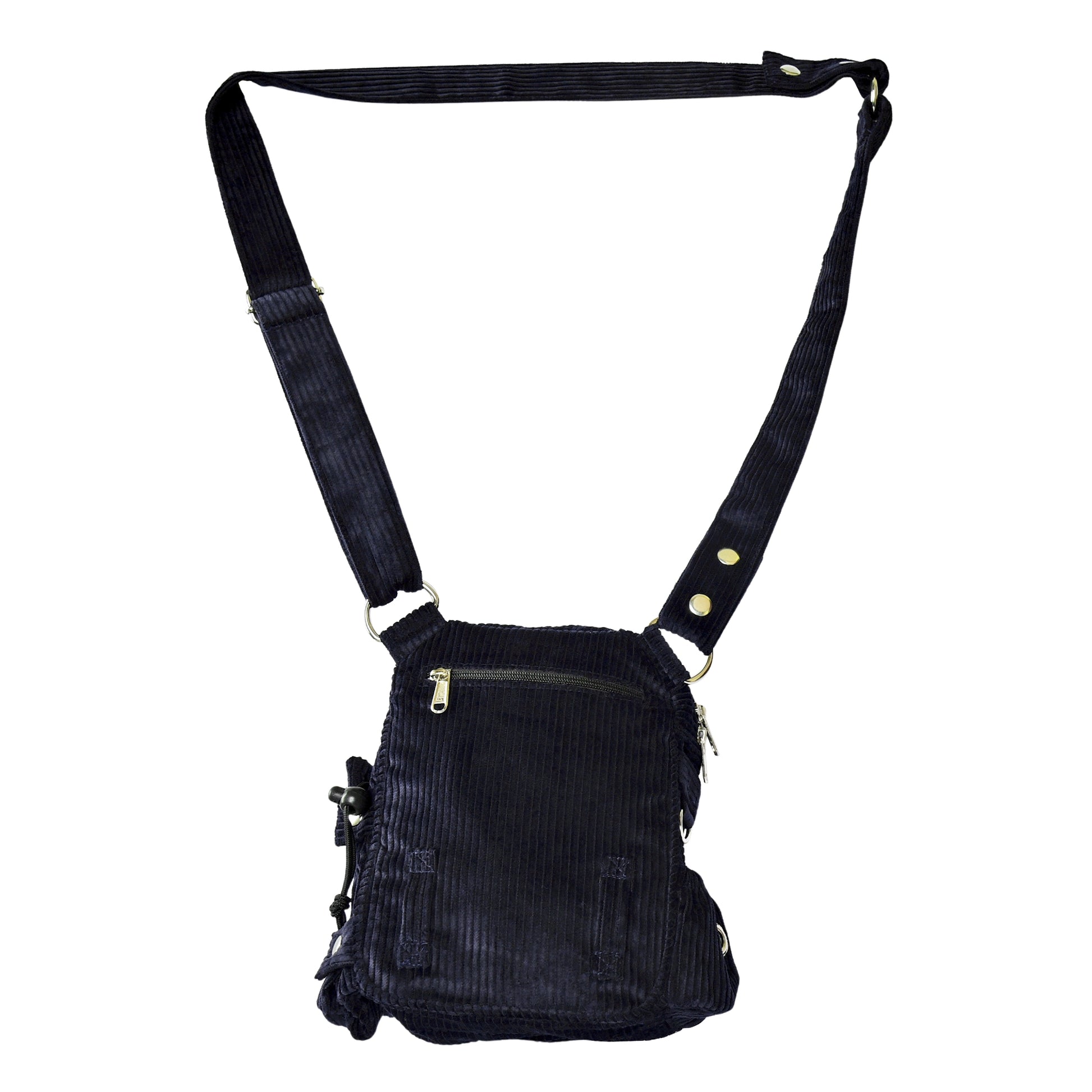 Dunkelblaue Gassitasche aus Cord mit Flaschenhalter, Handyfach und mehreren Reißverschlussfächern. Rückseite.