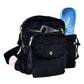 Dunkelblaue Gassitasche aus Cord mit Flaschenhalter, Kotbeutelspender, Handyfach und mehreren Reißverschlussfächern. Setenansicht.
