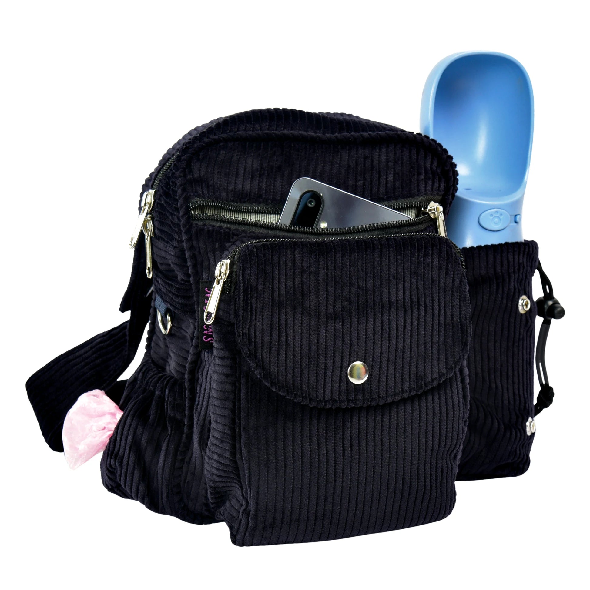 Dunkelblaue Gassitasche aus Cord mit Flaschenhalter, Kotbeutelspender, Handyfach und mehreren Reißverschlussfächern. Setenansicht.