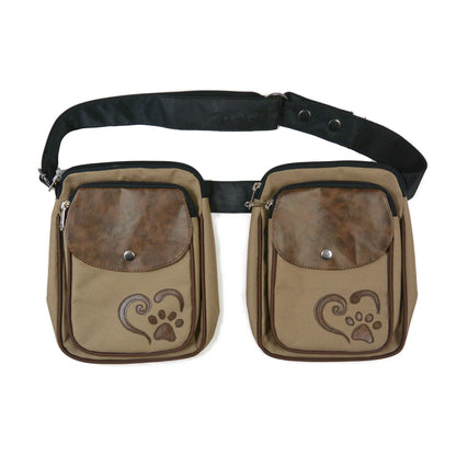 Doppelte Gassi-Tasche in Beige mit gesticktem Pfotenherz und Kunstleder-Klappe in Braun