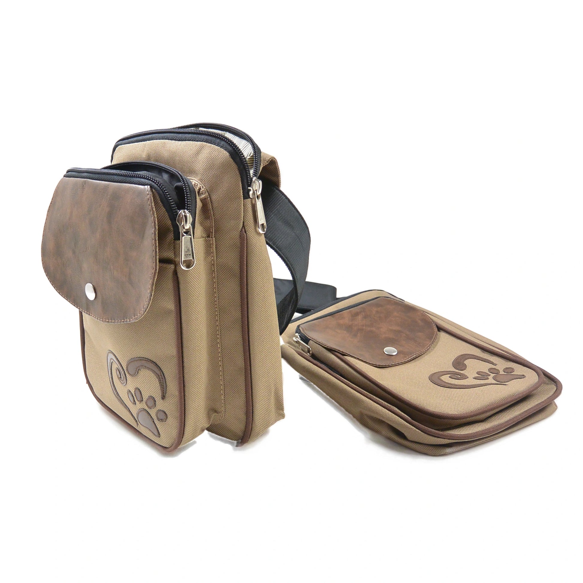 Nijens Doppelte Gassi-Tasche in Beige mit gesticktem Pfotenherz und Kunstleder-Klappe in Braun