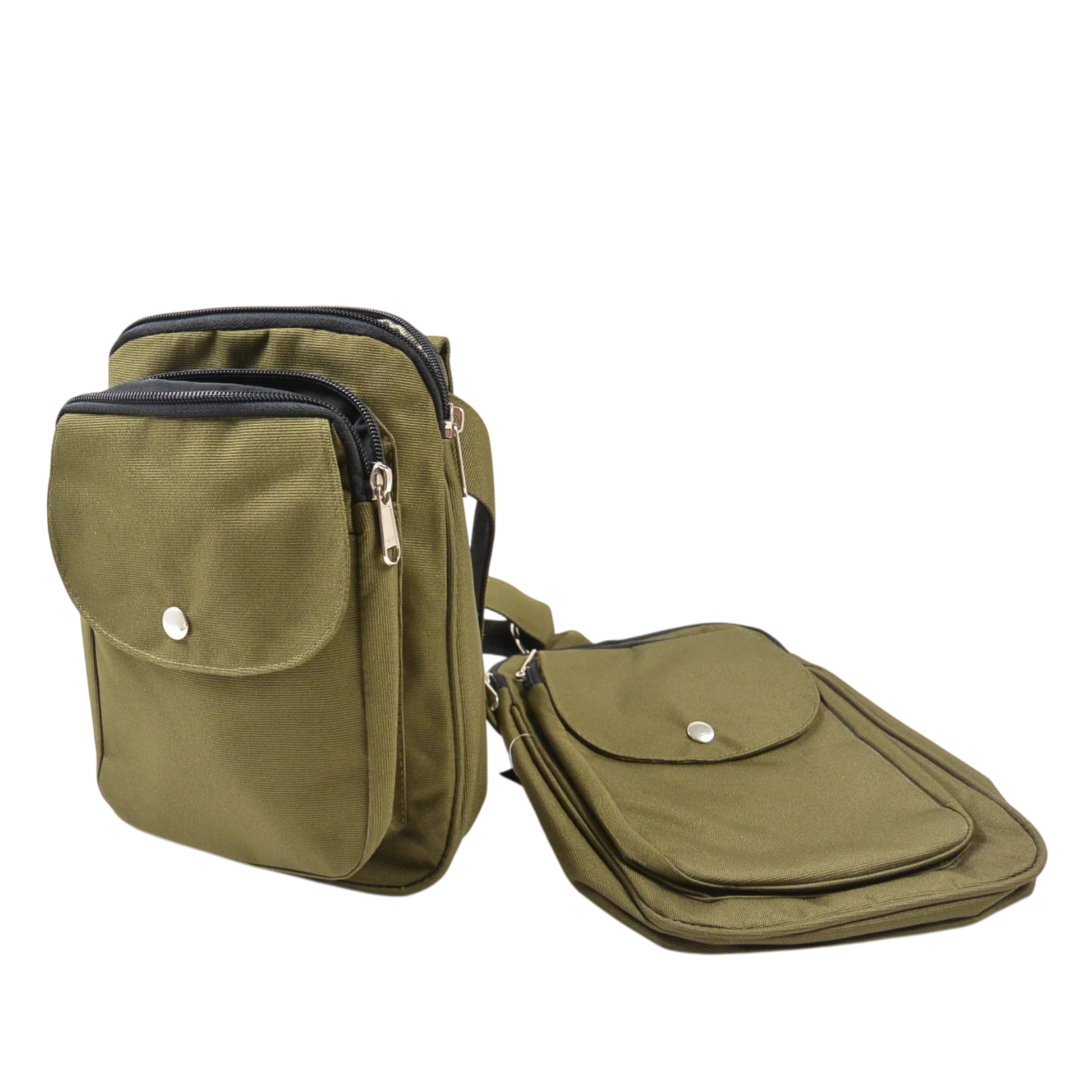 Seitenansicht der Nijens Gassi-Tasche mit zwei Fächern. Tasche in Olivgrün