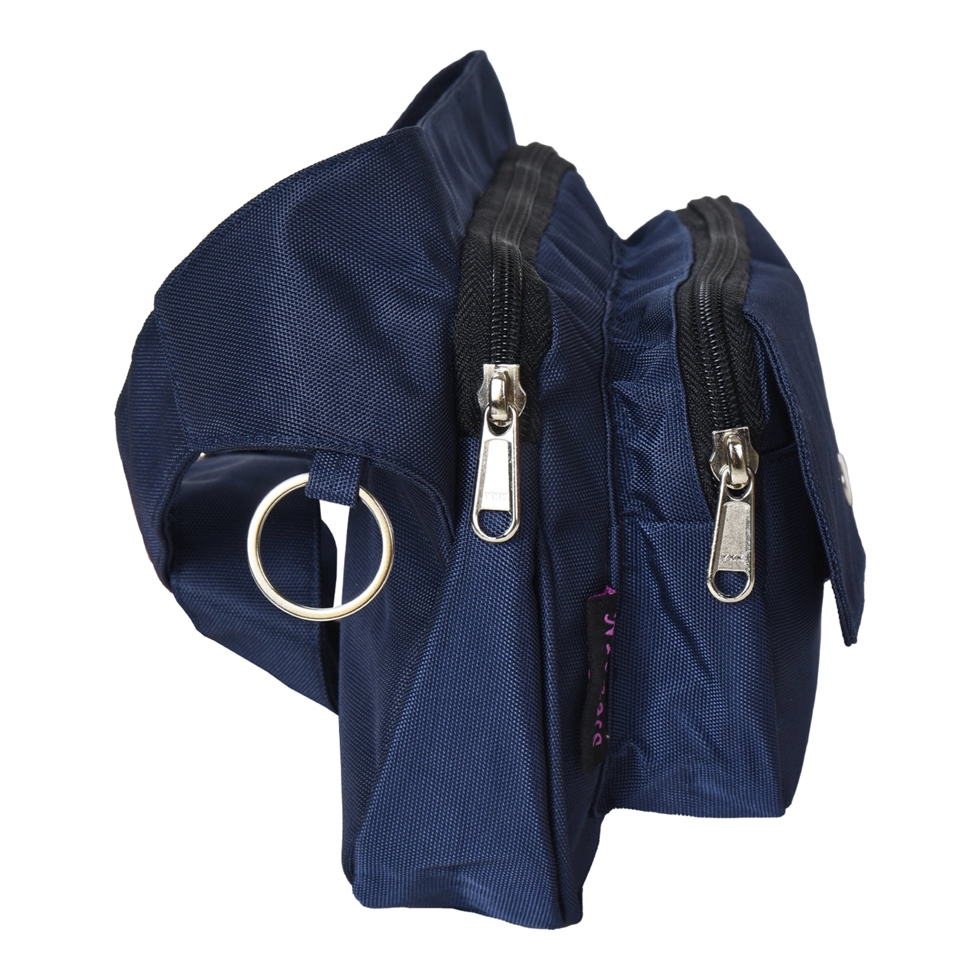 Seitenansicht der blauen Frankfurt Hüfttasche mit Doppelreißverschluss und Metallring