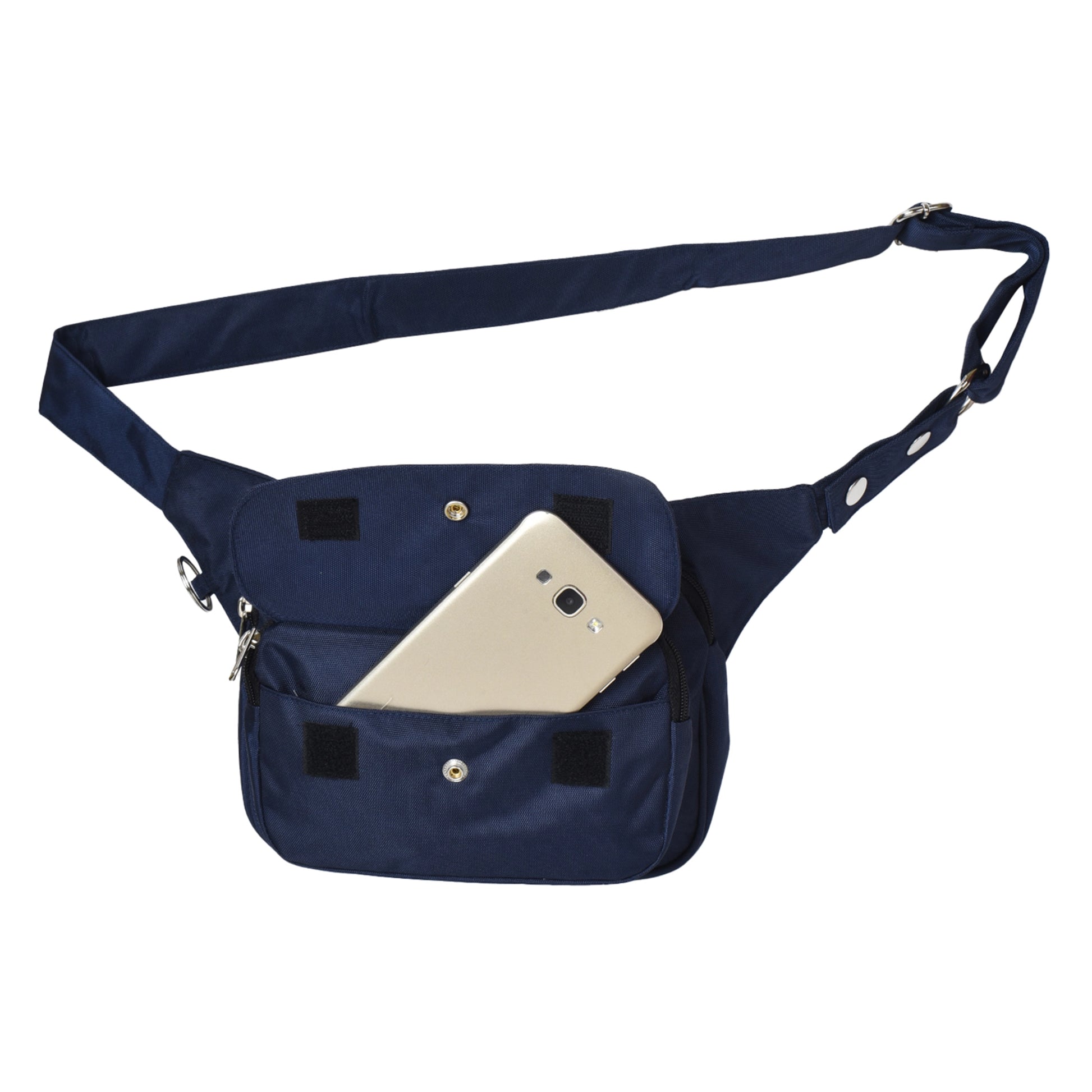 Gassi-Tasche Frankfurt geöffnet – Handyfach mit Klettverschluss in wasserabweisender Hüfttasche in Navy-Blau