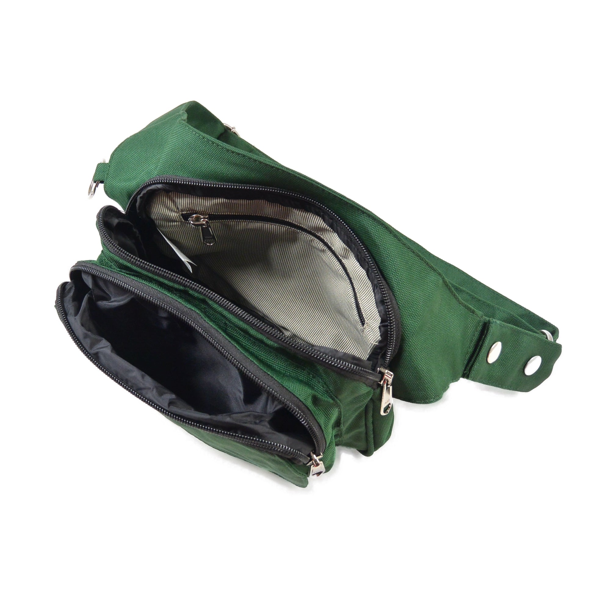 Frankfurt Gassi-Tasche in Dunkelgrün – Innenansicht der Hüfttasche mit mehreren Reißverschlussfächern