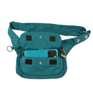 Gassi-Tasche Frankfurt geöffnet – Handyfach mit Klettverschluss in wasserabweisender Hüfttasche in Petrol