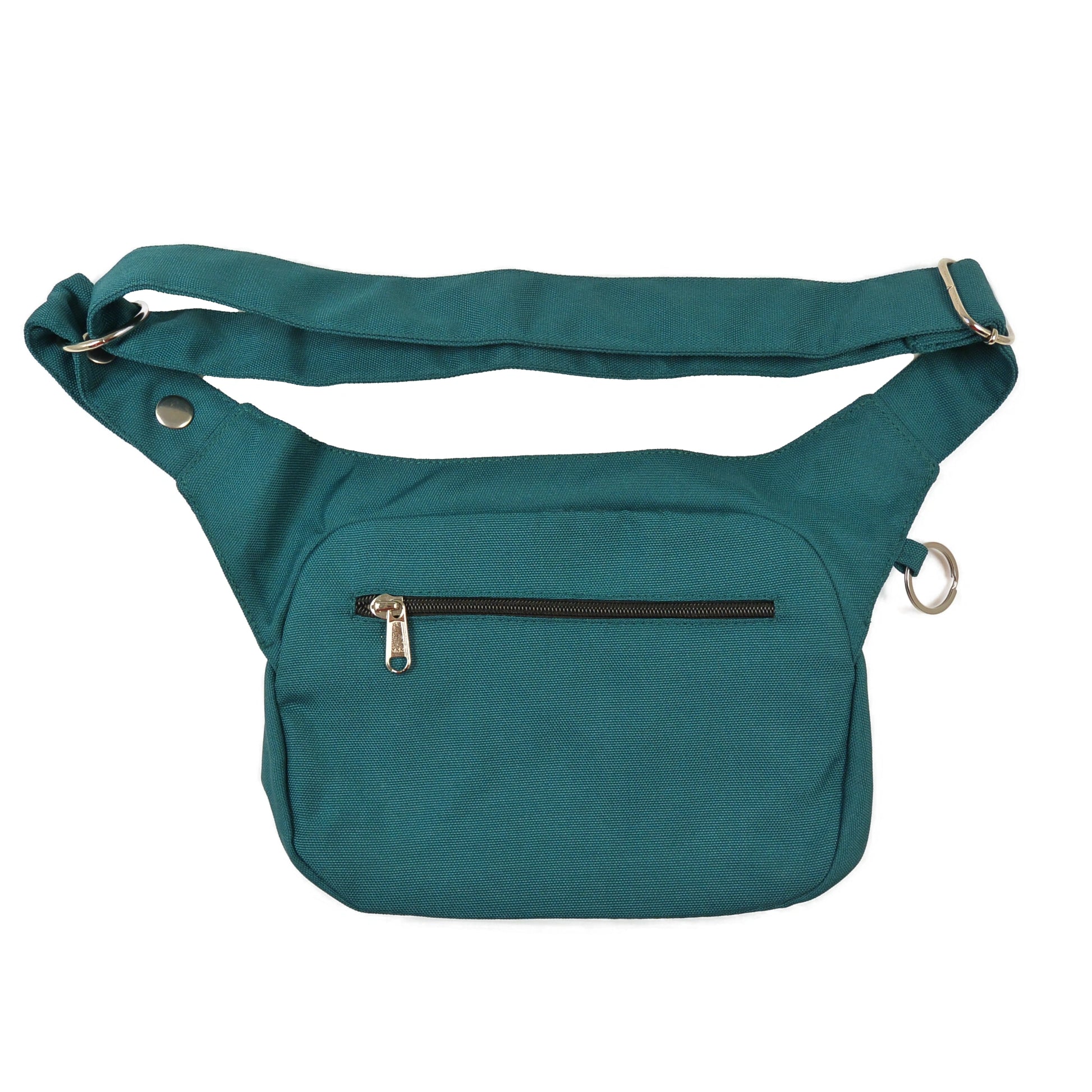 Rückseite der wasserabweisenden Hüfttasche Frankfurt in Petrol mit Reißverschlussfach