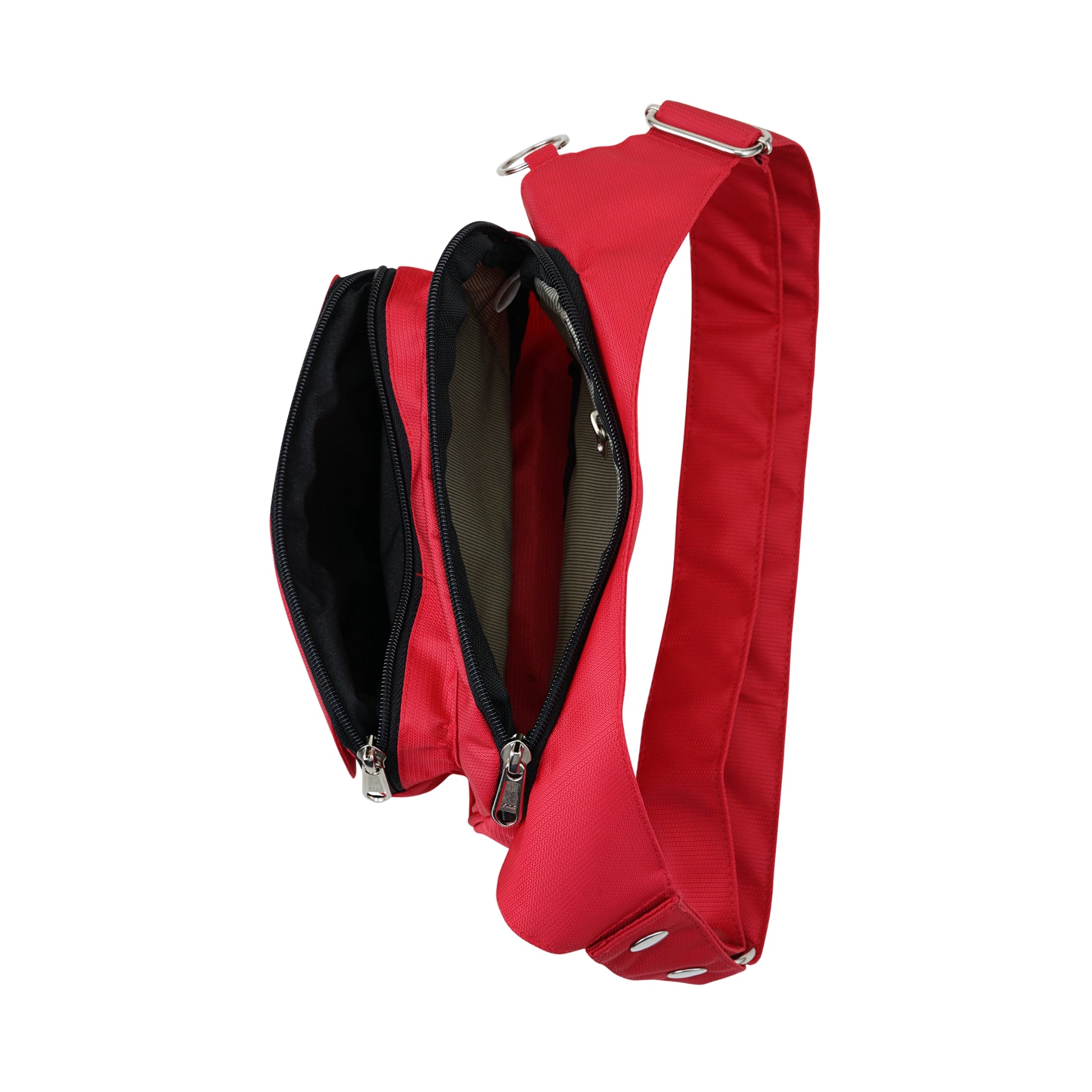 Blick ins Innere der wasserdichten Gassi-Tasche in Rot mit durchdachter Innenaufteilung und Reißverschlussfach.