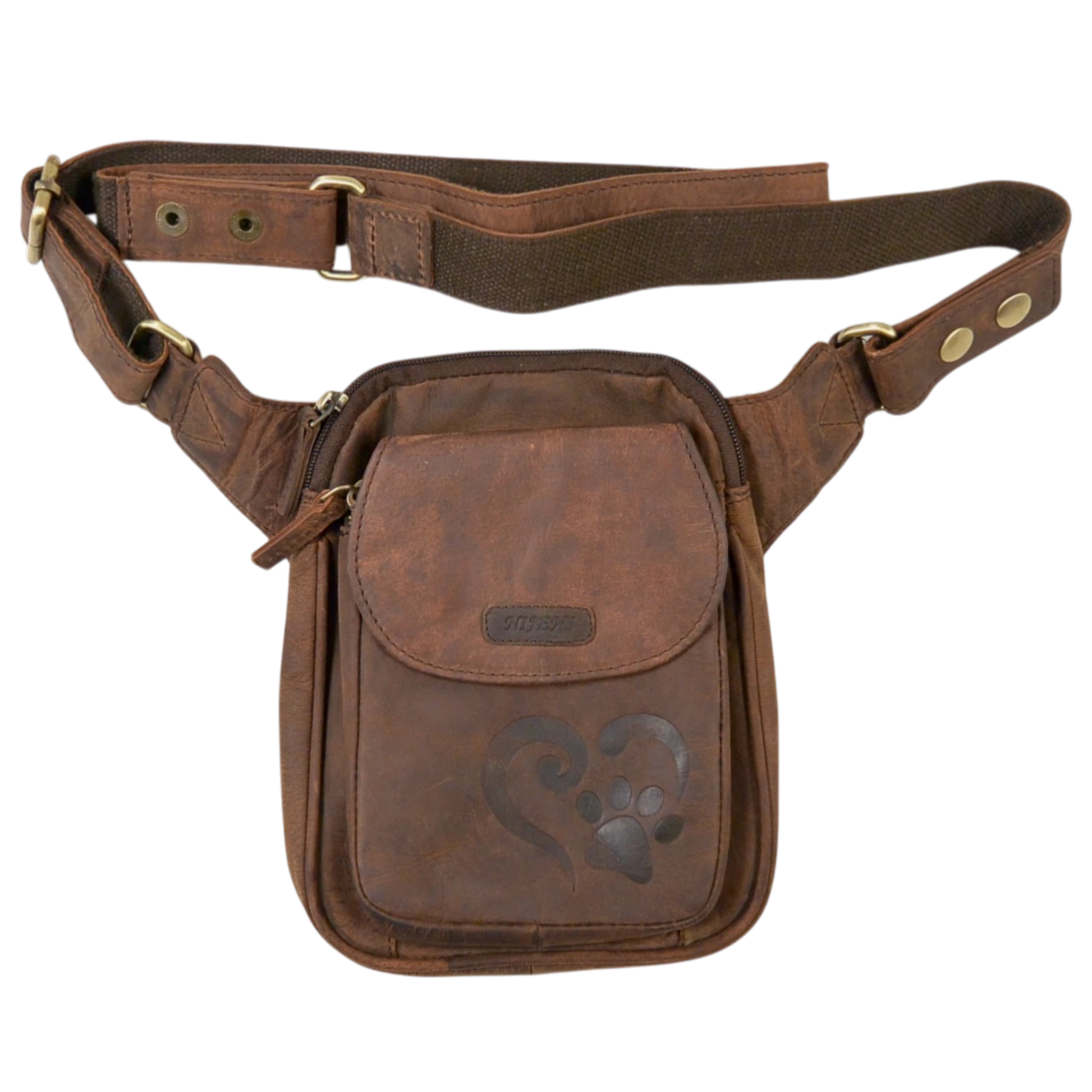 Gassi-Tasche aus Leder dunkelbraun mit Prägiung Pfote&Herz. Nijens Shop.