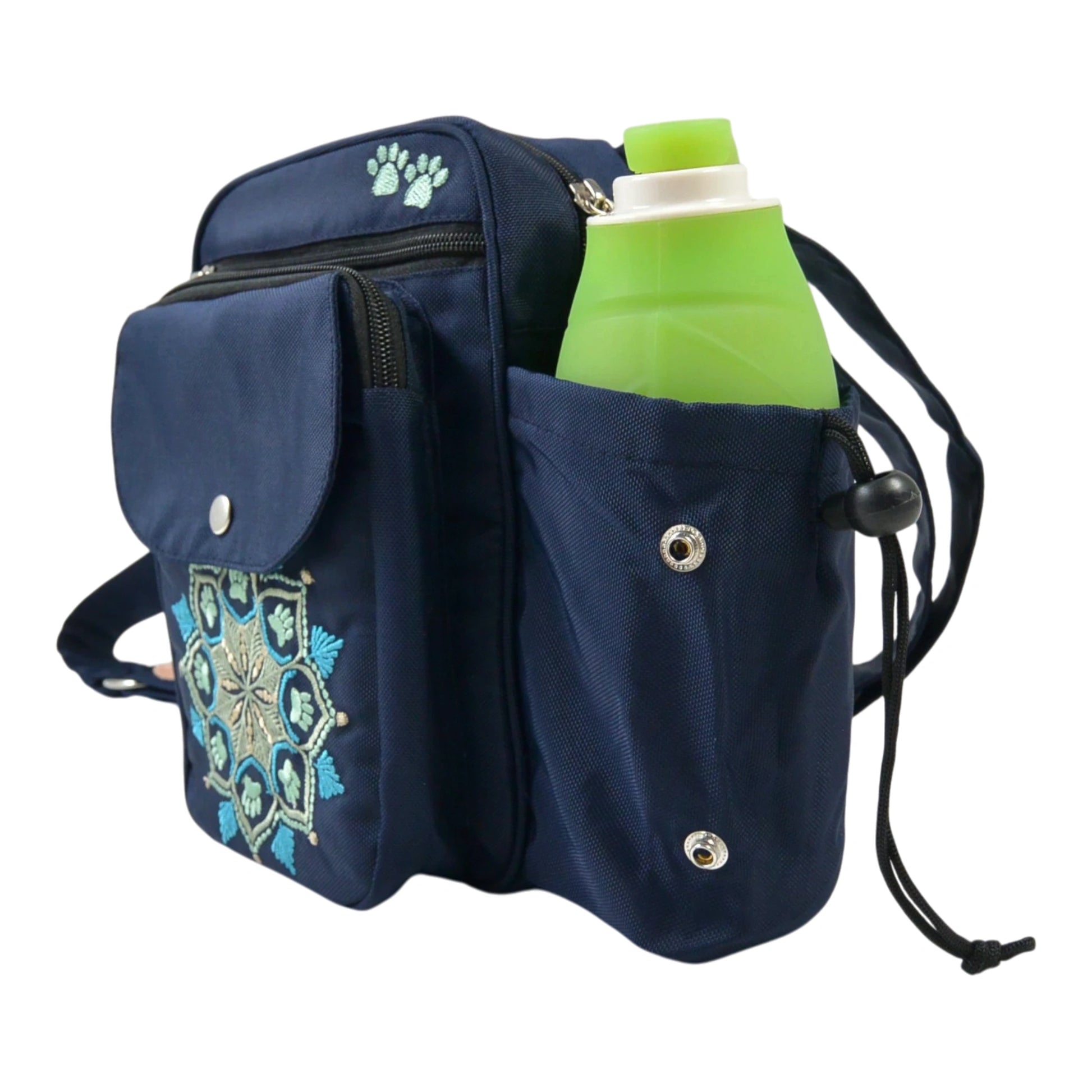 Wasserabweisende Gassi-Tasche Konstanz in Dunkelblau mit Mandala-Stickerei, Flaschenhalter, Seitenansicht