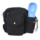 Schwarze Hundetasche mit Flaschenhalter und blauem Wassernapf – ideal für unterwegs