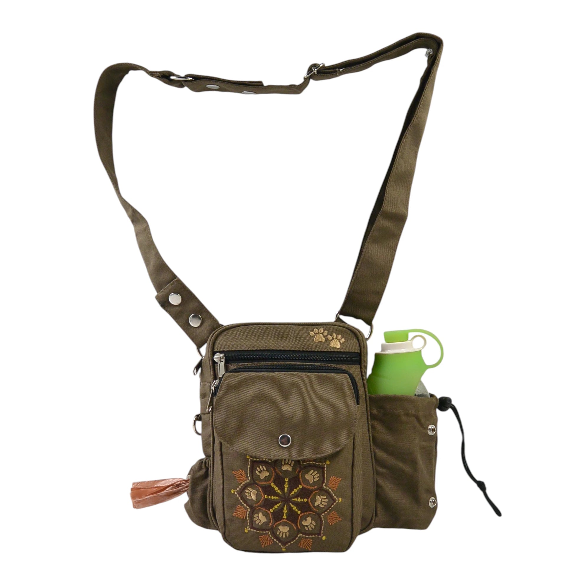 Gassi-Tasche in Braun mit Mandala-Stickerei, Flaschenhalter und verstellbarem Schultergurt, Vorderansicht