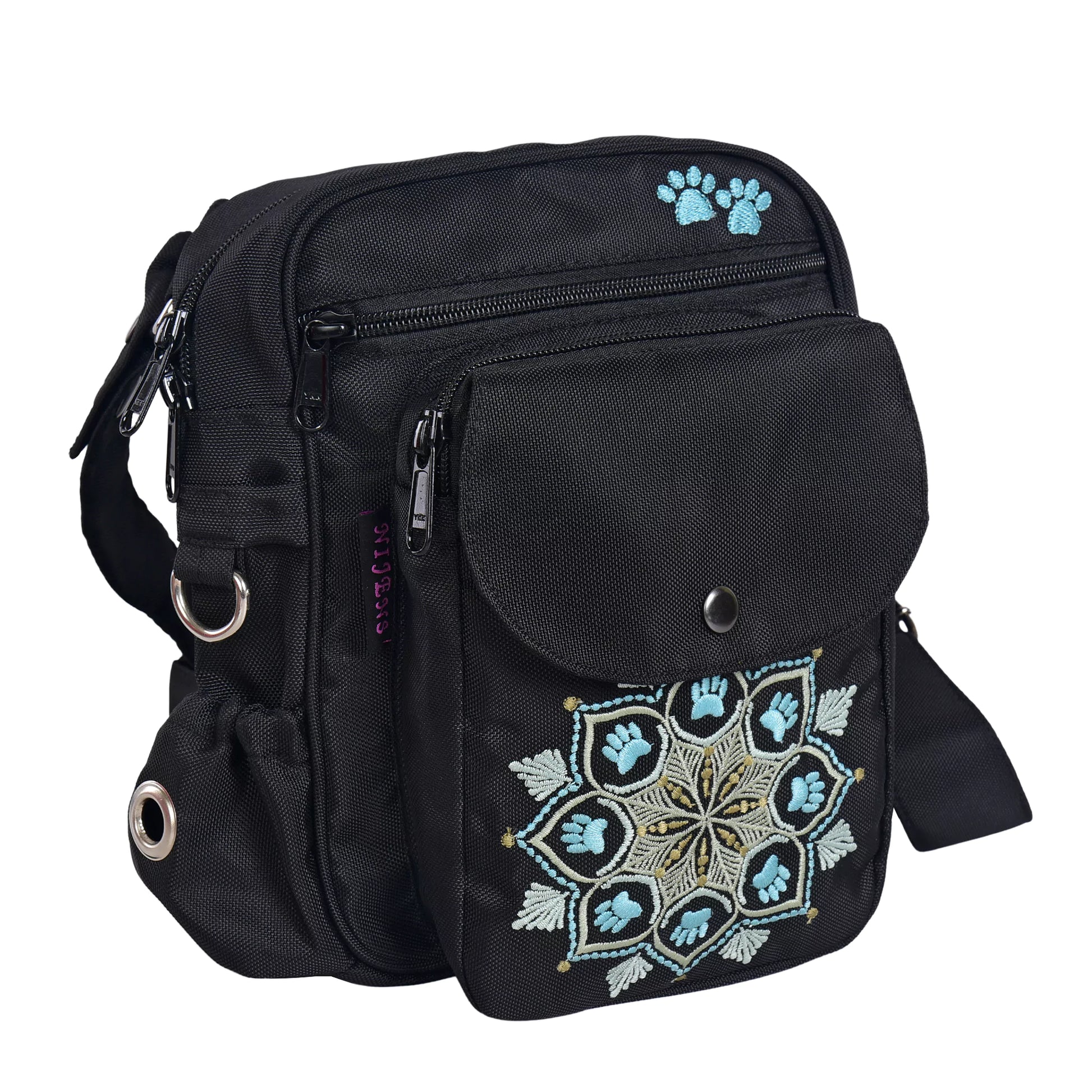Gassi-Tasche Konstanz in Schwarz mit Mandala-Stickerei, Seitenansicht
