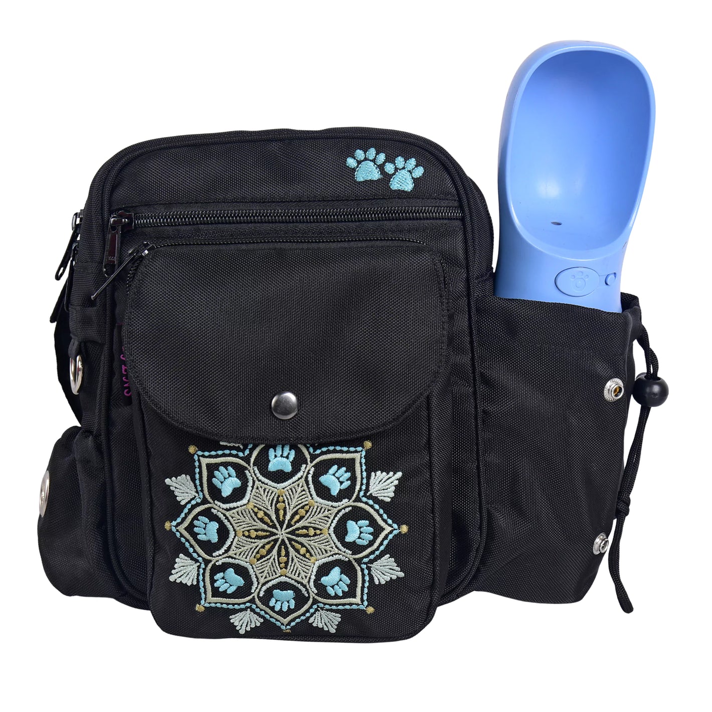 Gassi-Tasche Konstanz in Schwarz mit Mandala-Stickerei, Flaschenhalter, Vorderansicht