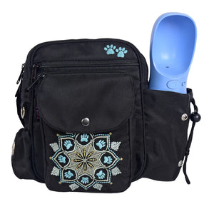 Gassi-Tasche Konstanz in Schwarz mit Mandala-Stickerei, Flaschenhalter, Vorderansicht