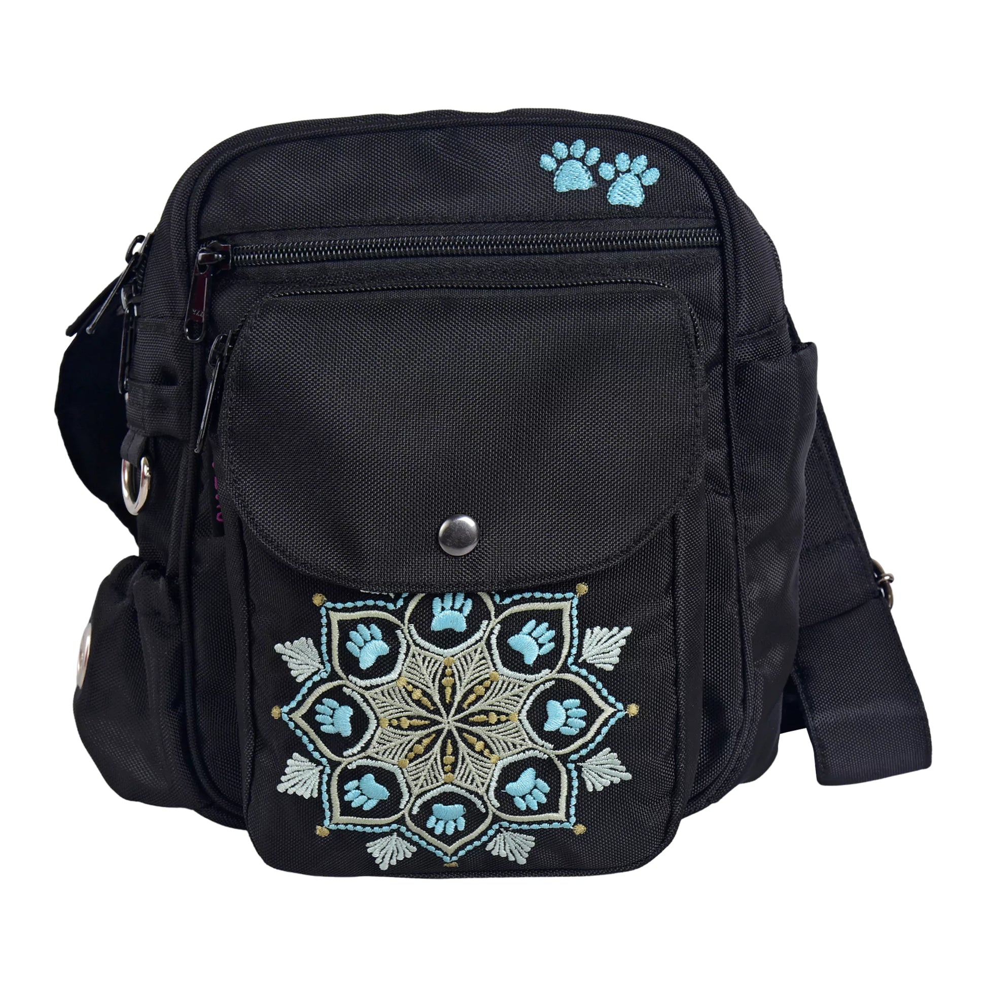 Gassi-Tasche Konstanz in Schwarz mit Mandala-Stickerei, Vorderansicht