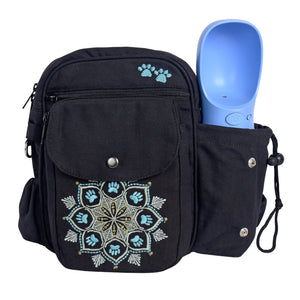 Canvas Gassi-Tasche Konstanz in Schwarz mit Mandala-Stickerei, Flaschenhalter, Vorderansicht