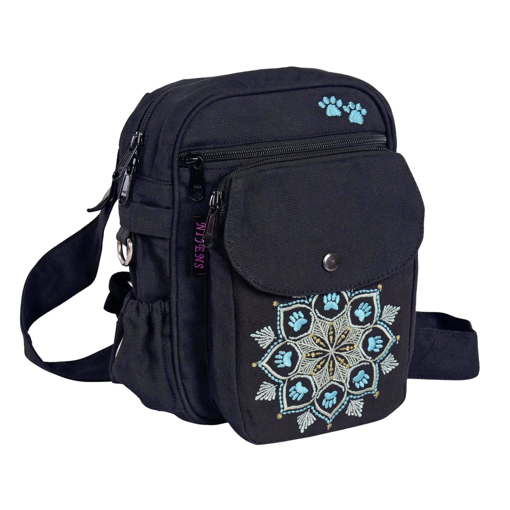 Canvas Gassi-Tasche Konstanz in Schwarz mit Mandala-Stickerei, Kotbeutel im extra Fach