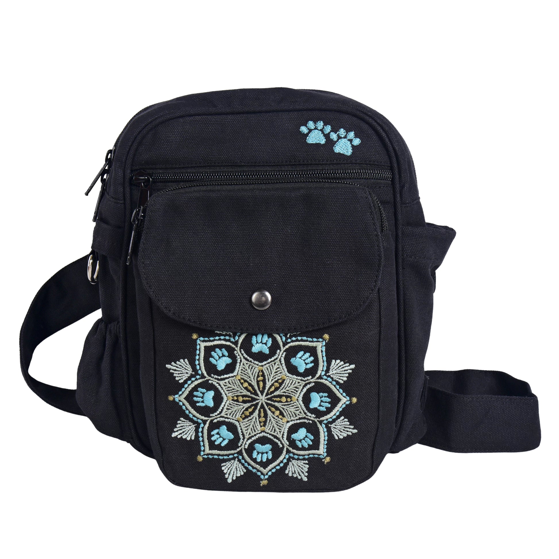 Canvas Gassi-Tasche Konstanz in Schwarz mit Mandala-Stickerei, Kotbeutel im extra Fach, Vorderansicht