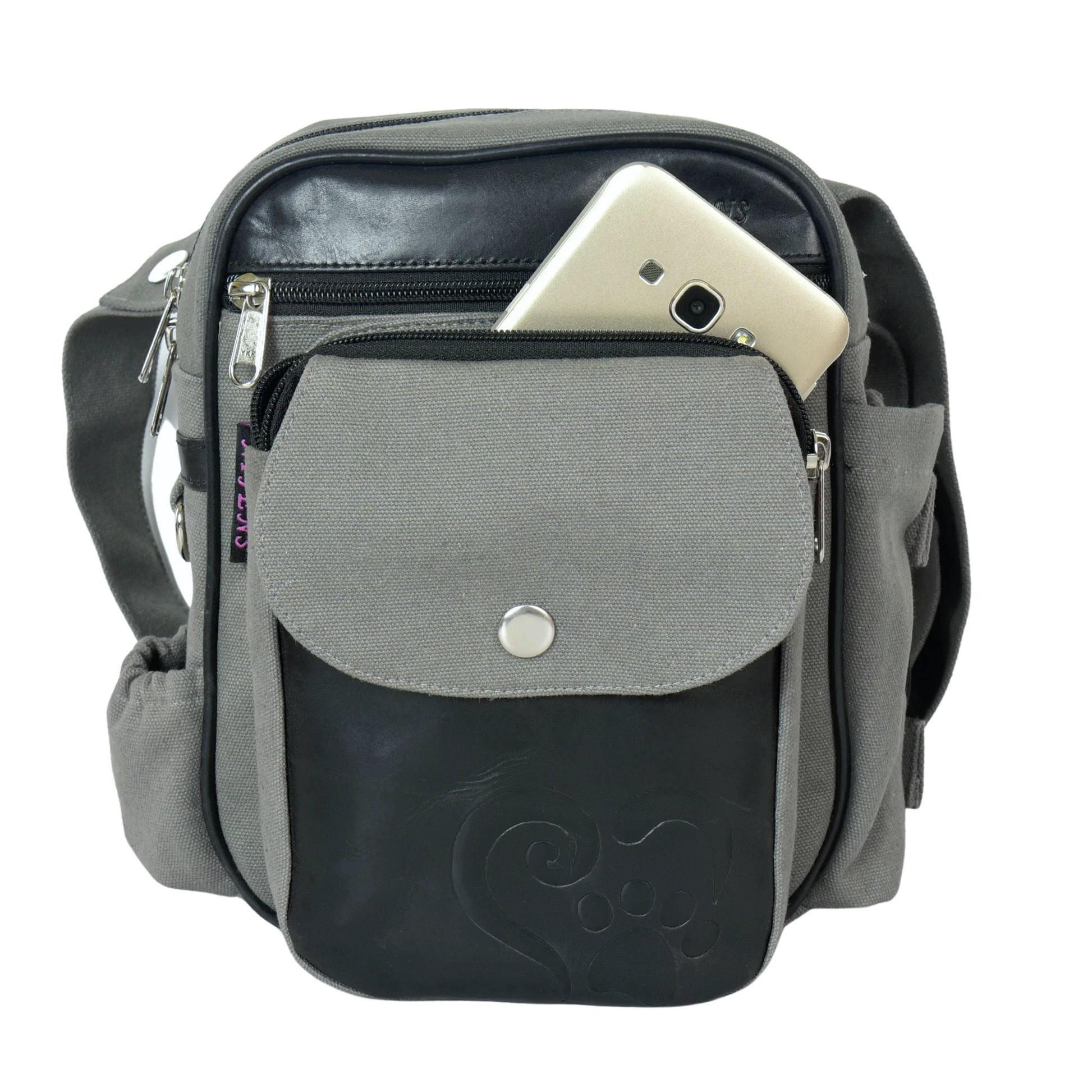 Gassi-Tasche Konstanz mit leicht zugänglichem Reißverschlussfach für Smartphone, Canvas und Echtleder grau-schwarz
