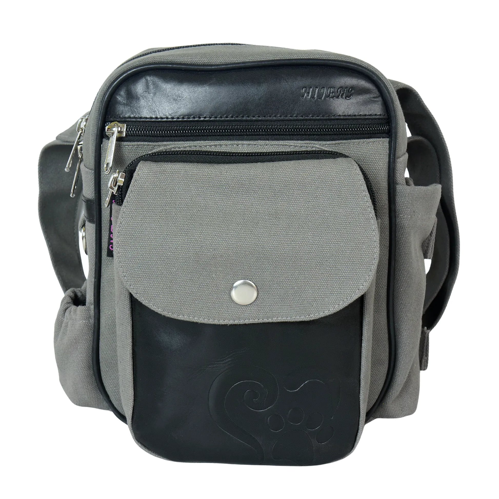 Gassi-Tasche Konstanz aus robustem Canvas mit geprägtem Echtleder Pfote im Herz, Frontansicht mit mehreren Reißverschlussfächern