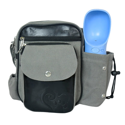 Gassi-Tasche mit integriertem Flaschenhalter für Hunde-Trinkflasche, robustes Canvas und Echtleder Grau-Schwarz