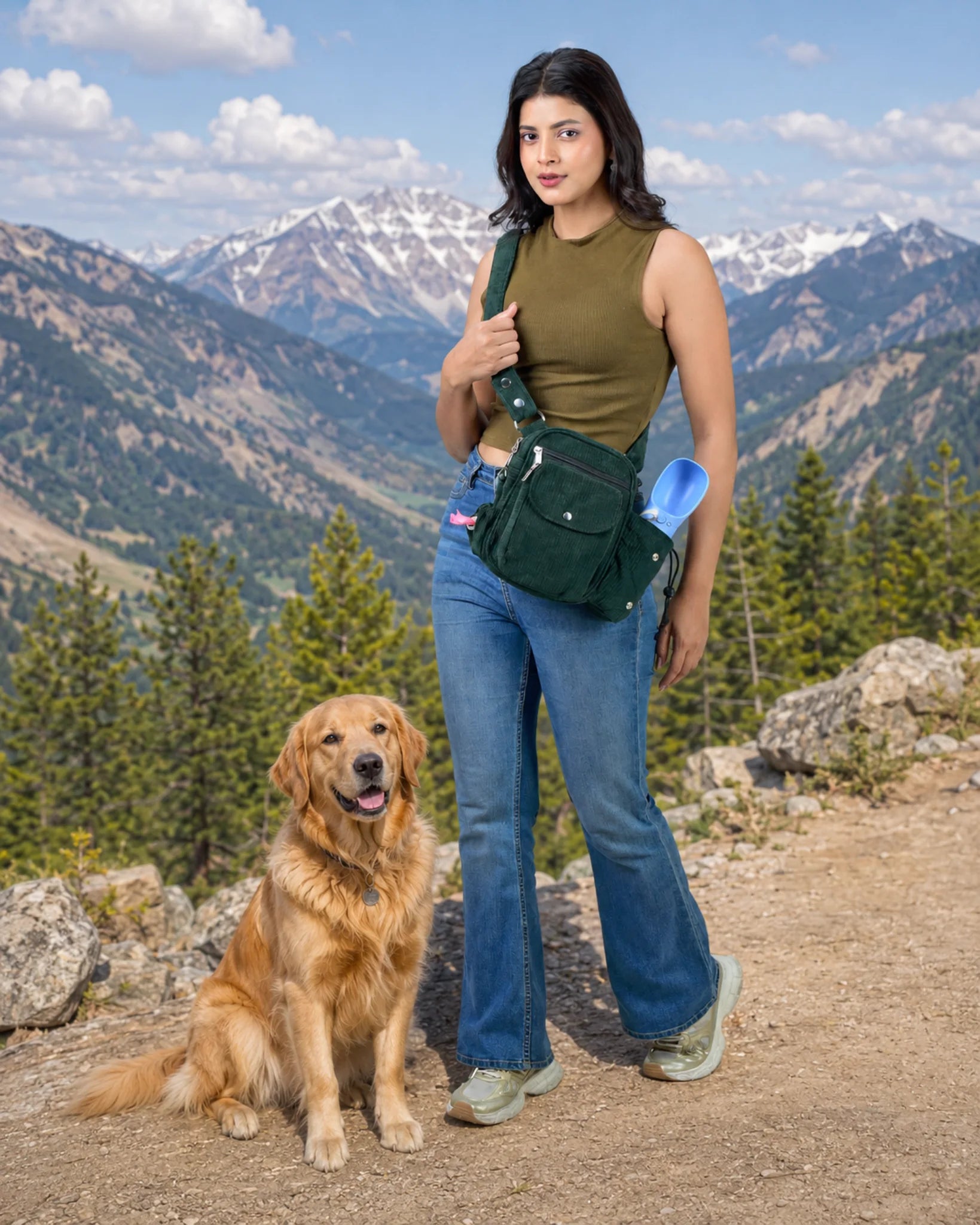 Frau mit tannengrüner Gassi-Umhängetasche und goldenem Retriever auf einem Bergweg vor alpiner Kulisse mit Bergen.