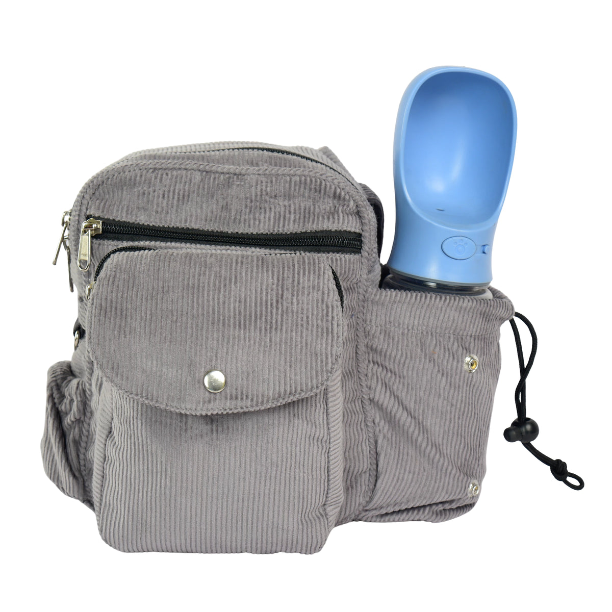 Gassitasche aus Cord Hellgrau mit Flaschenhalter, Leckerli-Fächern und viel Stauraum. 