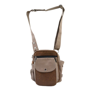 Vorderansicht der Vintage Gassitasche aus Canvas Sand und Leder Braun mit geprägtem Blumenmotiv
