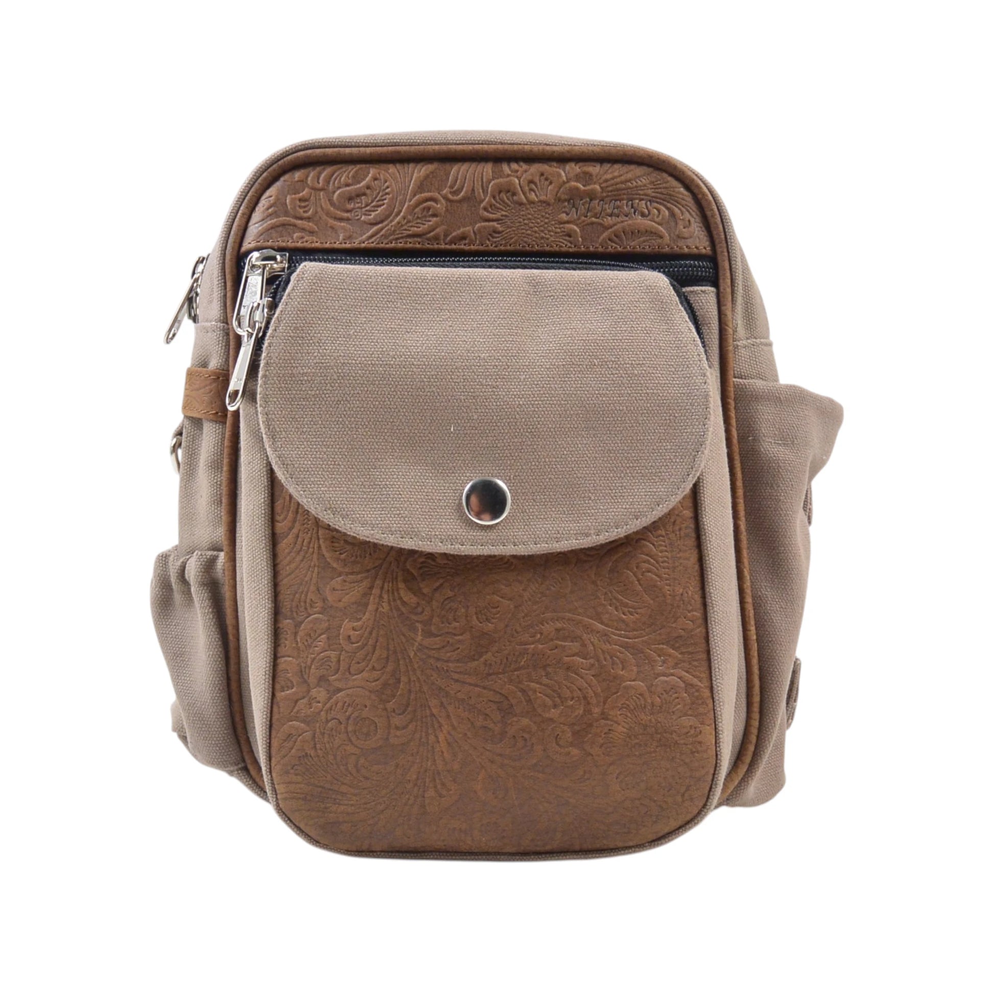 Vorderansicht der Vintage Gassitasche aus Canvas Sand und Leder Braun mit geprägtem Blumenmotiv. Nijens Shop.