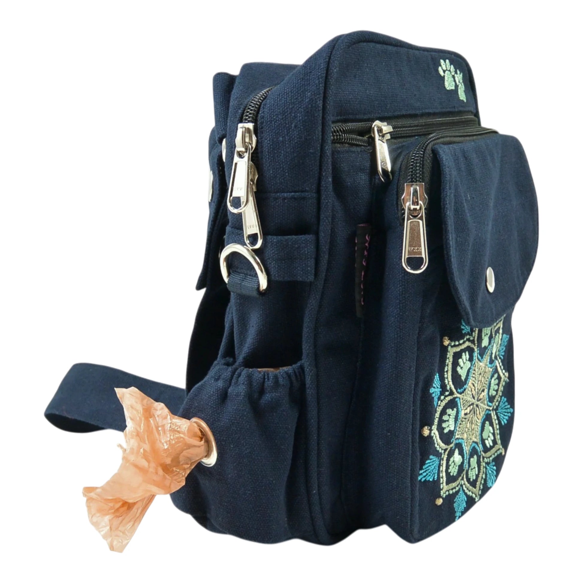 Canvas Gassi-Tasche Konstanz in Dunkelblau mit Mandala-Stickerei, Kotbeutel im extra Fach, Seitenansicht