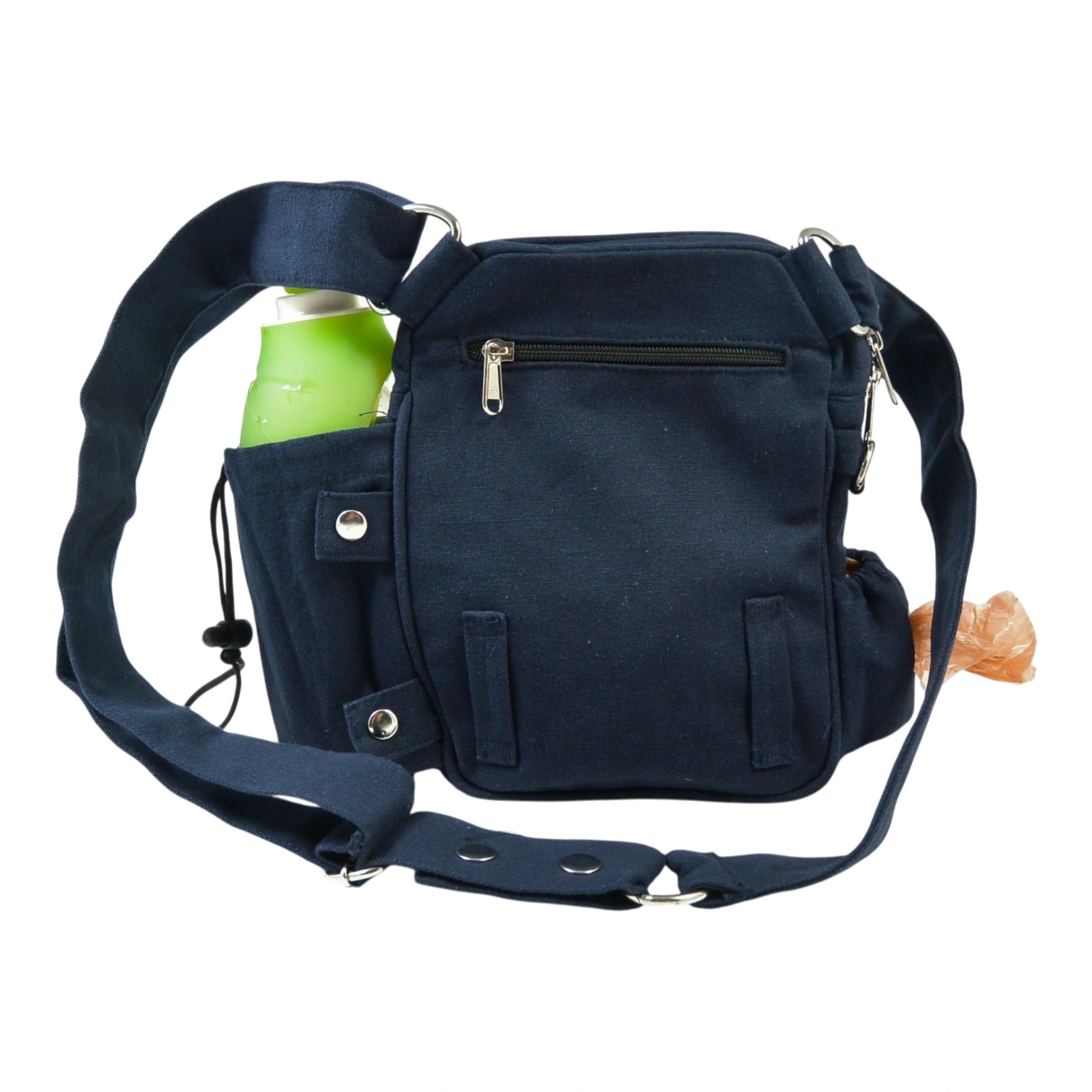 Canvas Gassi-Tasche Konstanz in Dunkelblau mit Mandala-Stickerei, Flaschenhalter, Rückansicht