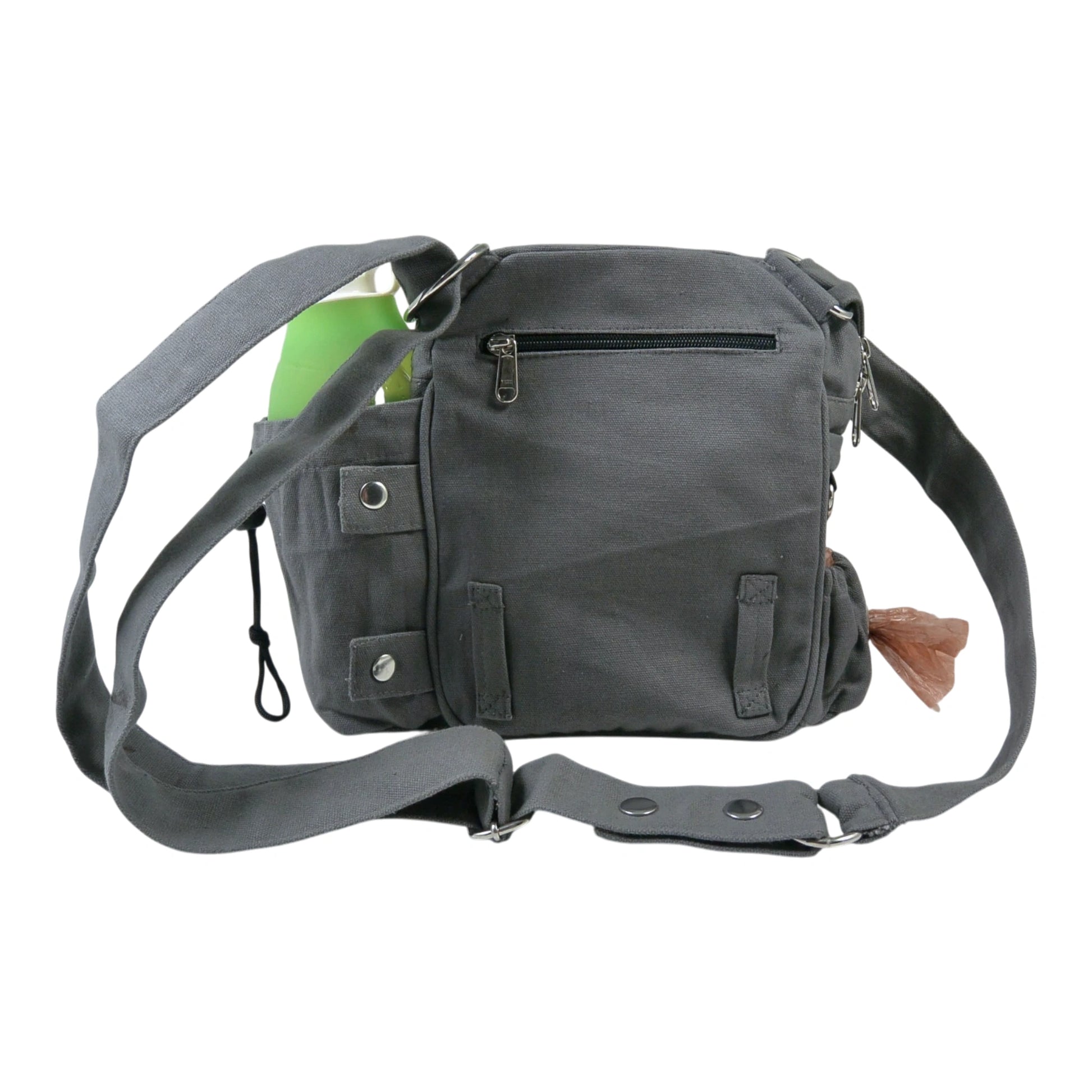 Rückseite mit zusätzlichem Reißverschlussfach und verstellbarem Schultergurt der Gassi-Tasche Konstanz aus grauem Canvas